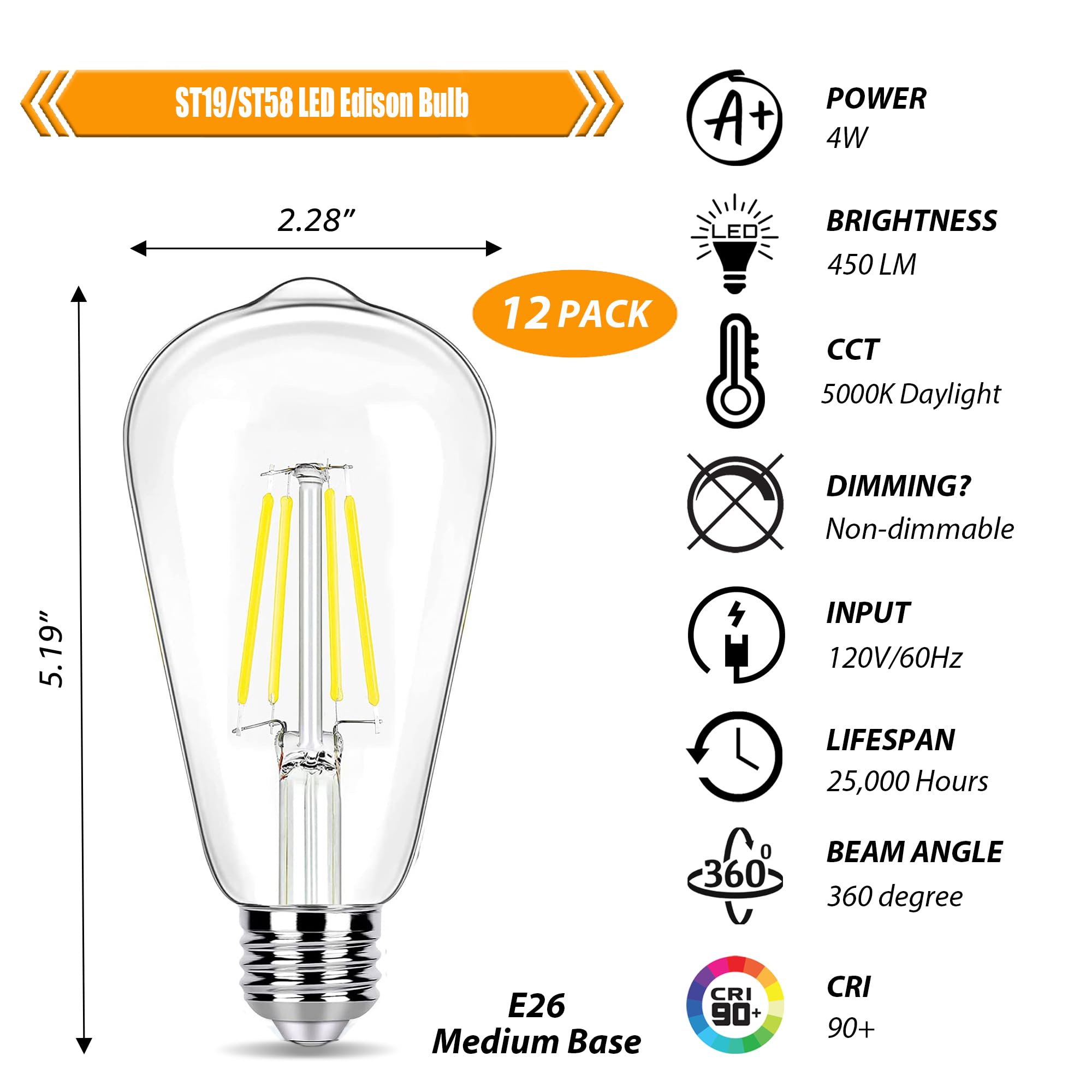 Winsaled 5000K Daylight Led Edison Bulbs 40W Equivalent, 4W St19 Led Light Bulb, E26 Standard Base, 90 Cri, Non-Dimmable, 12 Pac