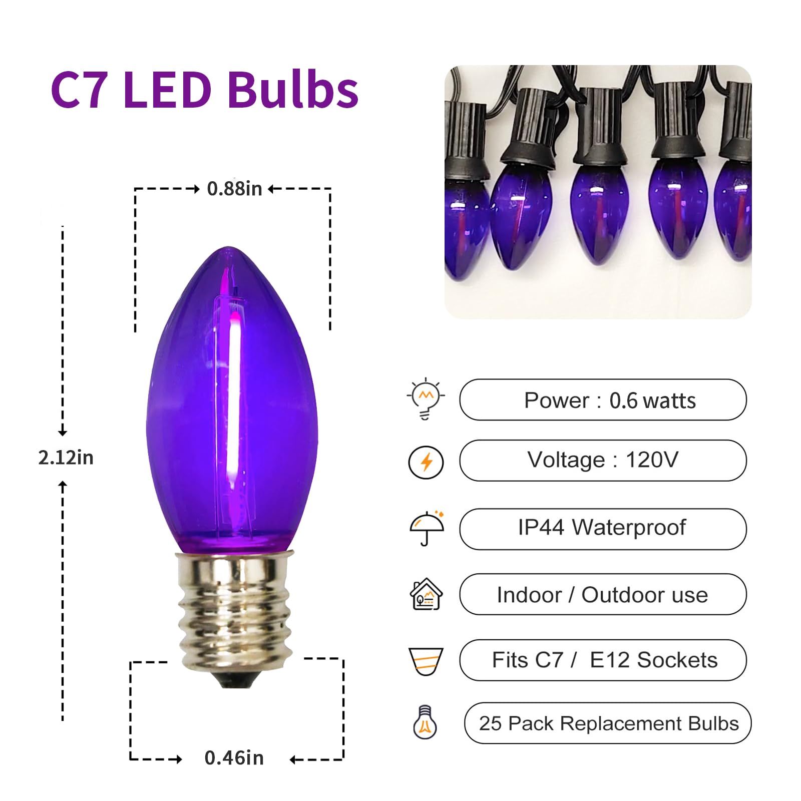 Chyparty 12 Pack C7 Led Replacement Bulbs, Purple Christmas Light Bulbs For Outdoor String Lights, Patio, Xmas Tree, Halloween D