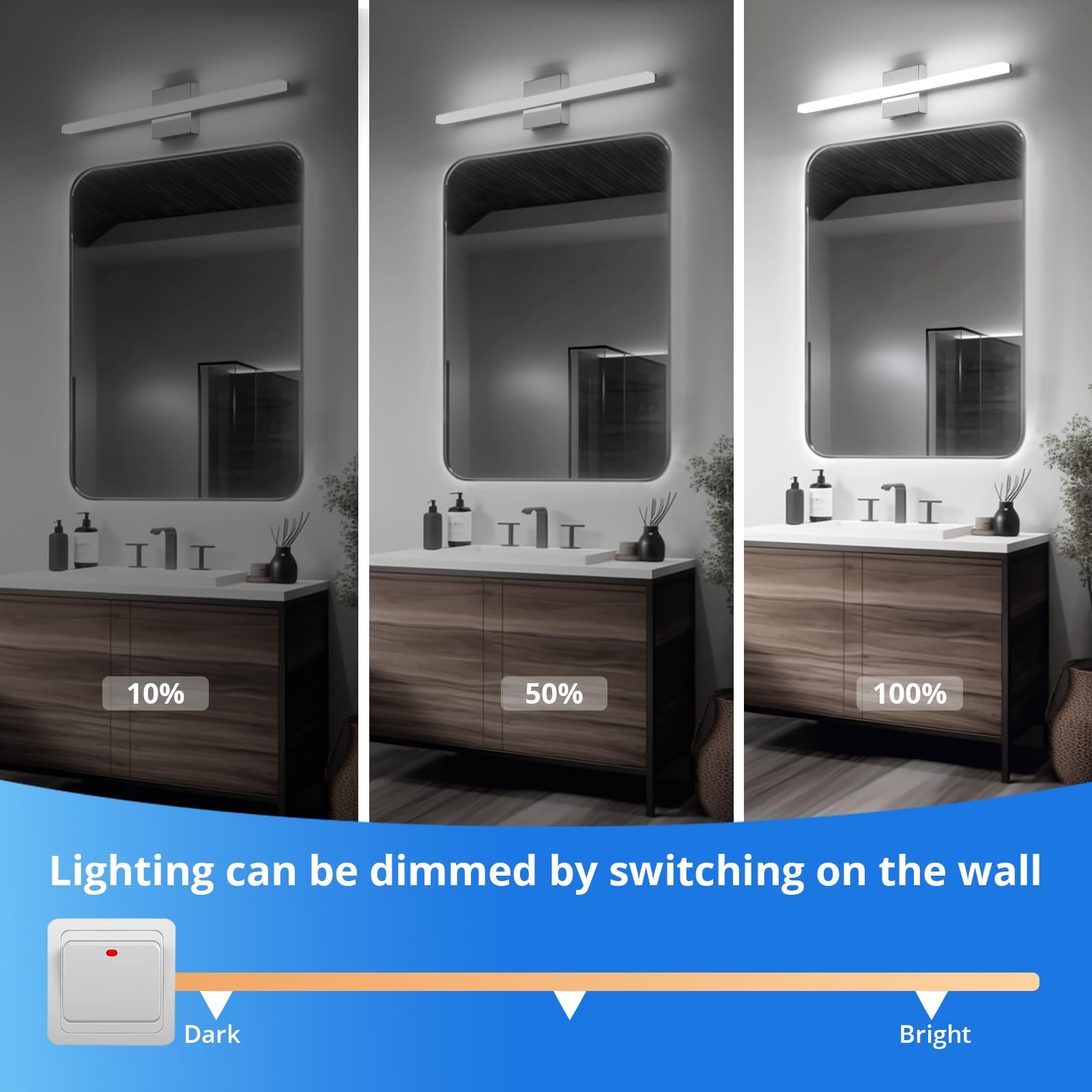 Combuh 24-Inch LED Bathroom Vanity Light Bar, 3CCT Dimmable, Aluminum, Model 6270, Chrome Finish