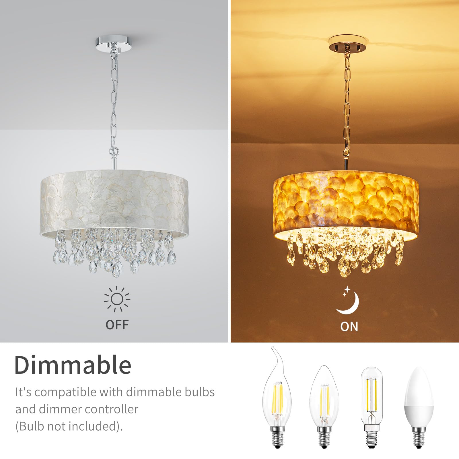 LumFurn 3-Lights Capiz Shell Chandelier, Adjustable Drum Light Fixture, Chrome Finish, D12 x H19~49" for Dining Room, Living Room, Bedroom