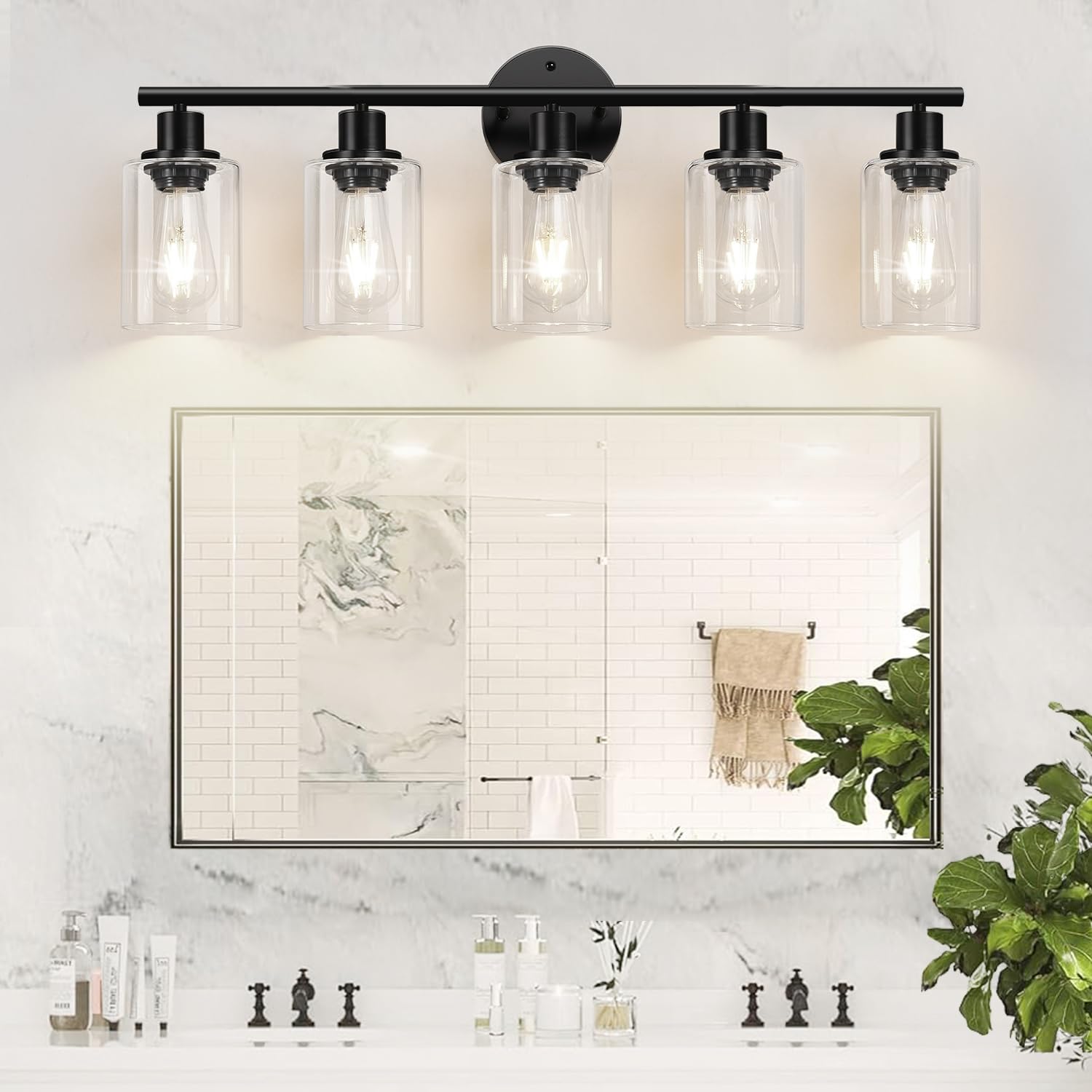 Zarbitta 5-Light Bathroom Light Fixture, Matte Black Modern Vanity Lights with Clear Glass Shade, Model YX-059