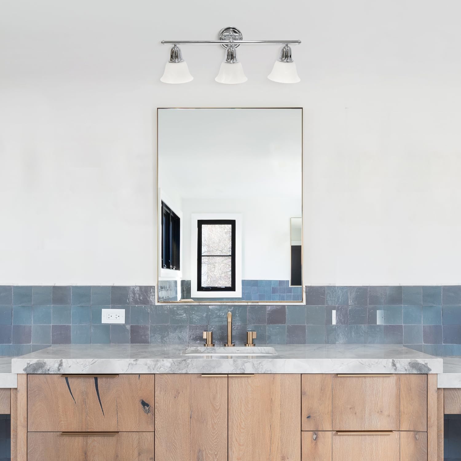 Simple Designs VT1027-CHR 3-Light Wall Mounted Vanity Fixture, Chrome, Metal, Frosted Marble Glass Shades, 26.5in for Bathroom and Entryway