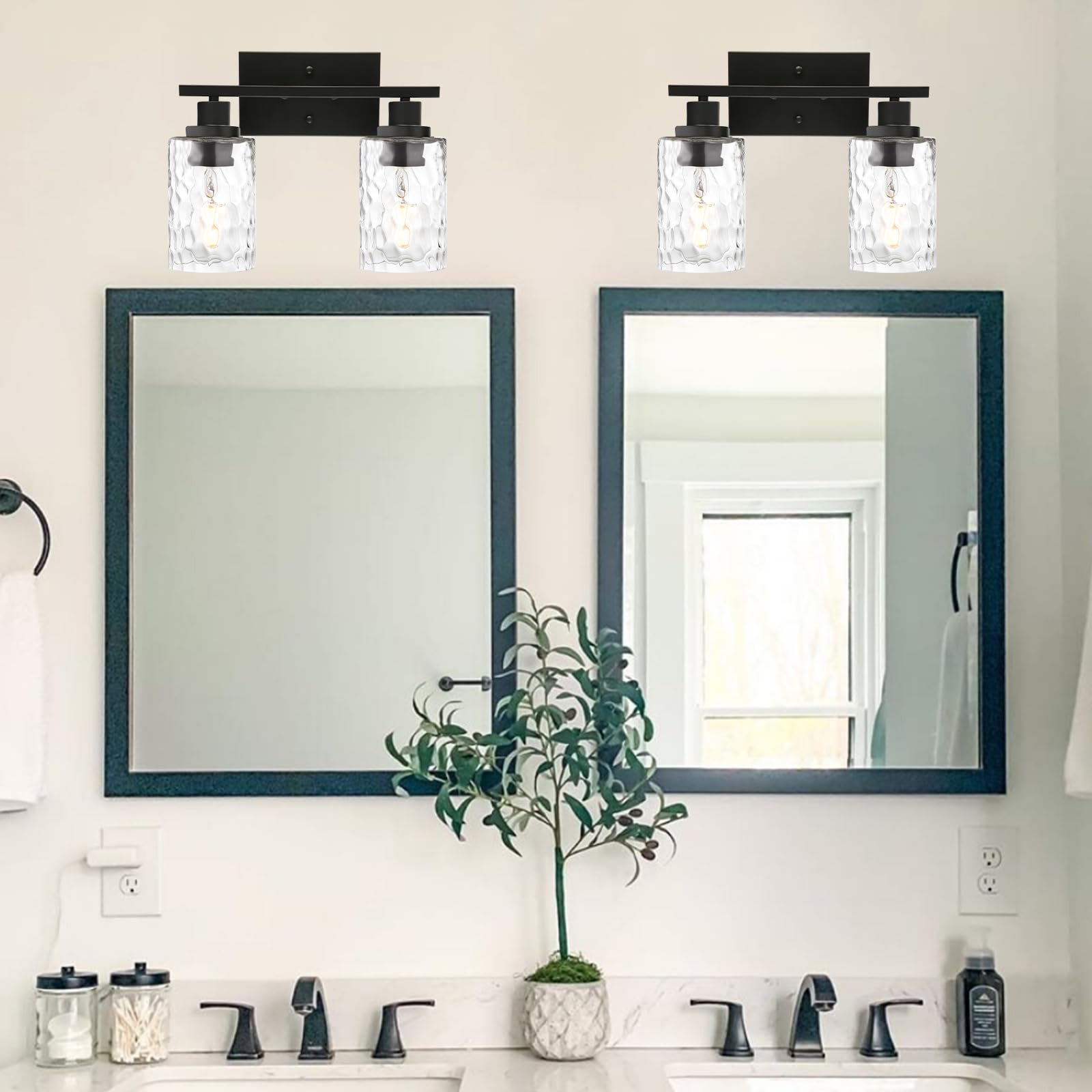 MELUCEE Indoor Wall Sconce 2-Light Matte Black Metal with Clear Hammered Glass for Bathroom Vanity and Mirror Cabinets