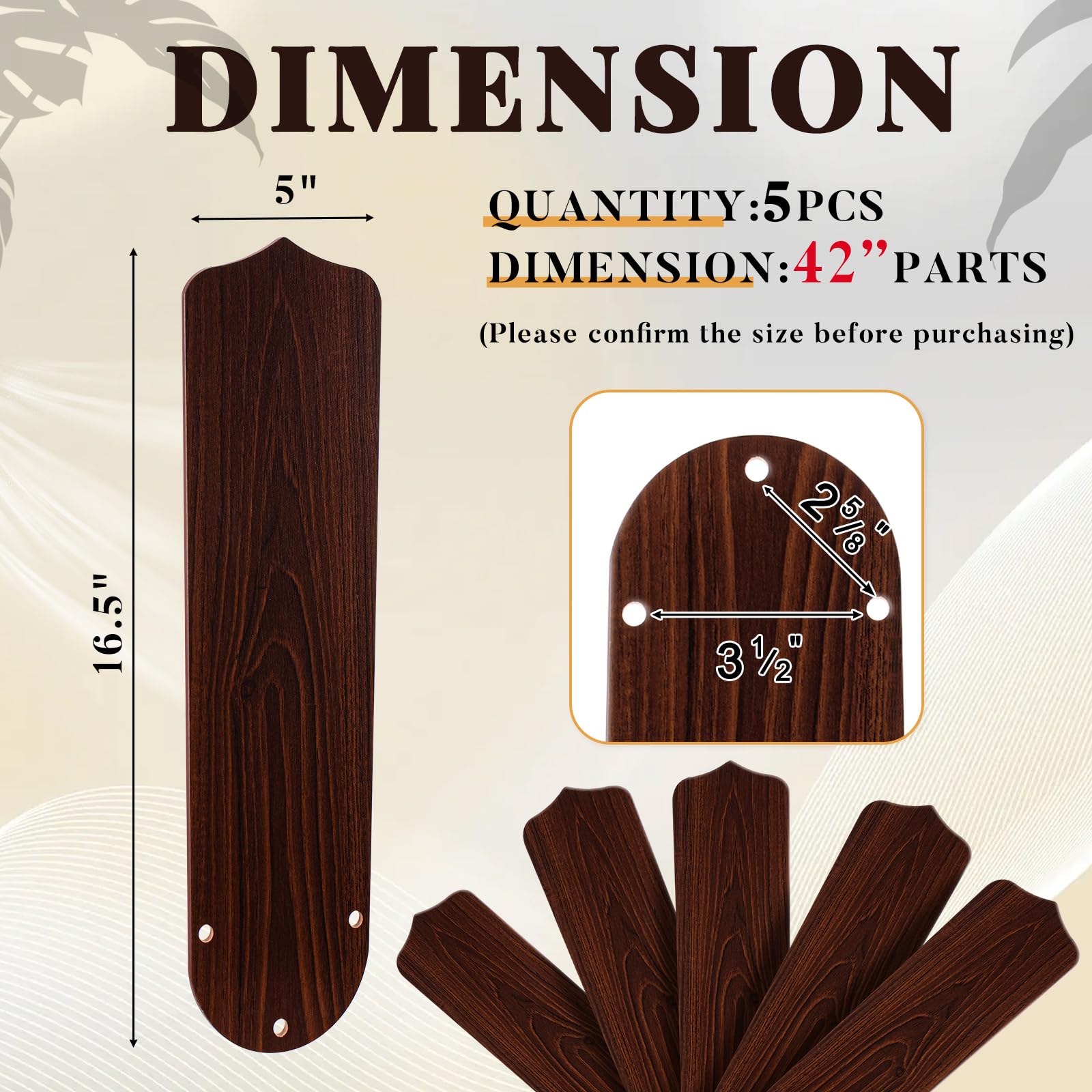 Lineshading 42 Inch Waterproof Ceiling Fan Blades - 5Pcs Wood Color Replacement for Indoor/Outdoor Use