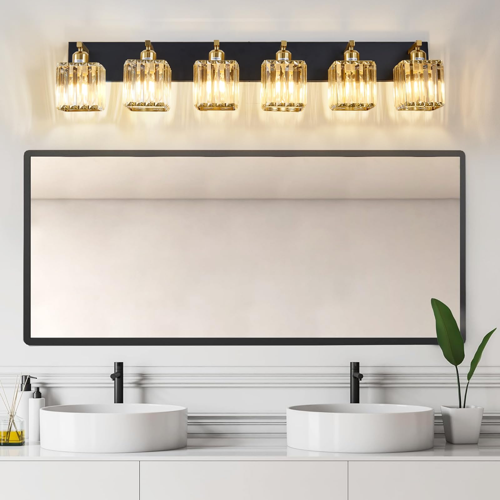 Aixialin 6-Light Modern Crystal Bathroom Vanity Light, Black Gold Iron, Model 600-100-1018
