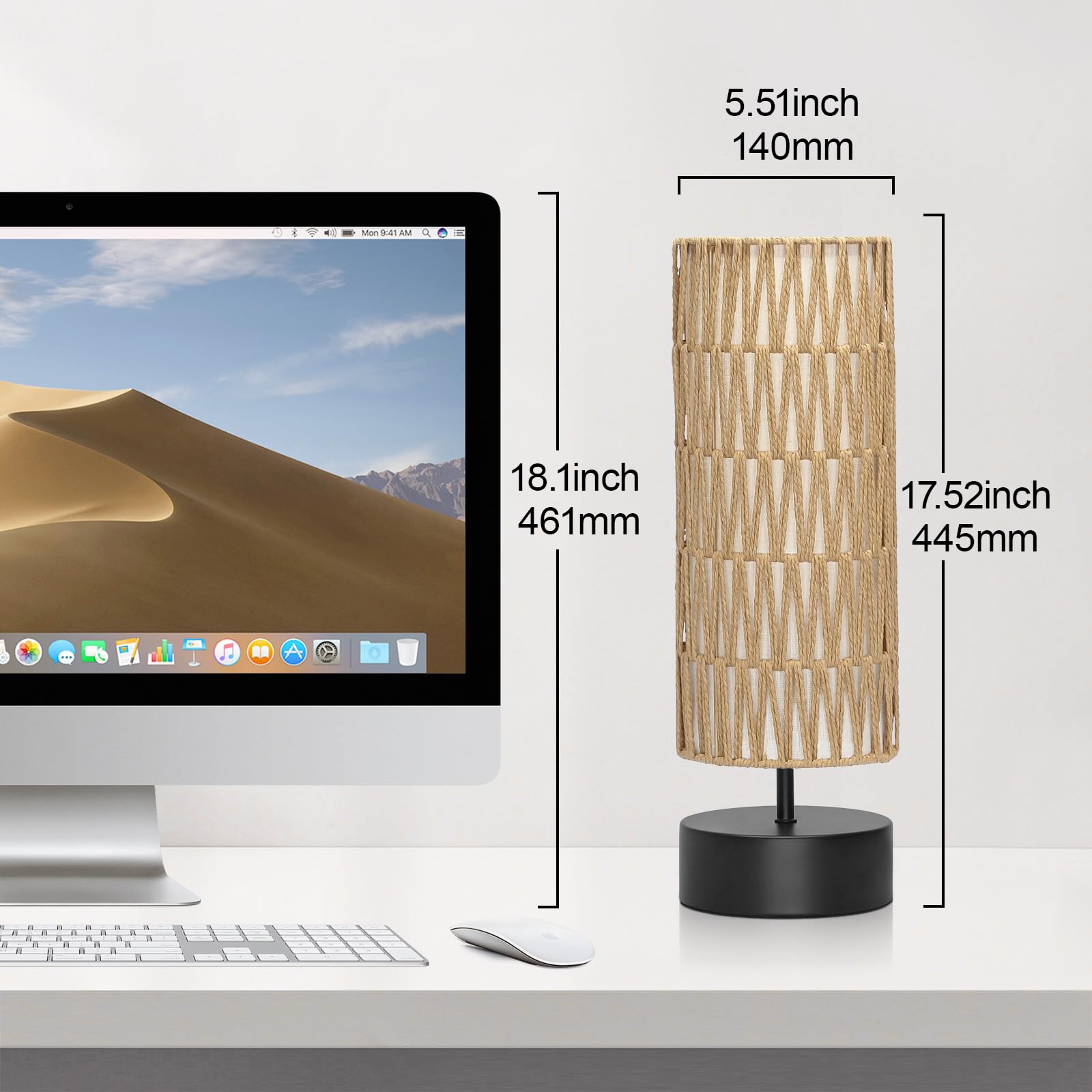 Rattan Table Lamp, Touch Control Bedside Table Lamp With Black Base, 3 Way Dimmable Nightstand Lamp With Dual-Layer Shade, Boho