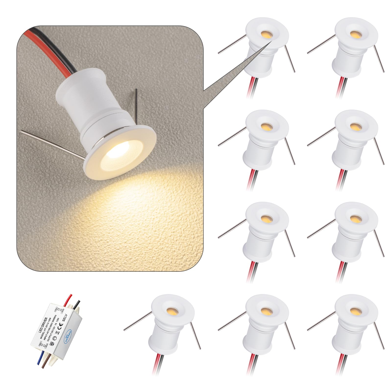 HHTUN 902 Led Mini Downlight DC12V 1W,Suitable for bookcases,cabinets,and Various Display cabinets as Decorative Lights,Embedded