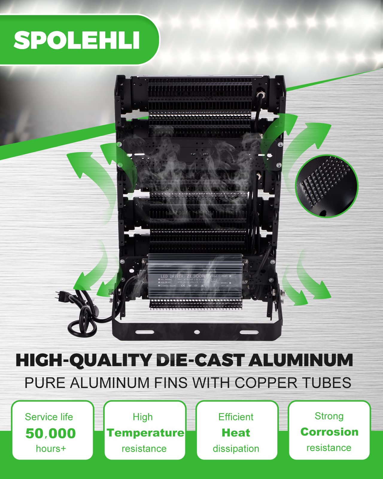 Spolehli Led Stadium Flood Lights 2000W Equivalent 48000Lm Super Bright Led Arena Lights 85-305V Ip66 Waterproof 6500K Daylight White 300W Outdoor Lighting For Farm Stadium Riding Arena Field Rink