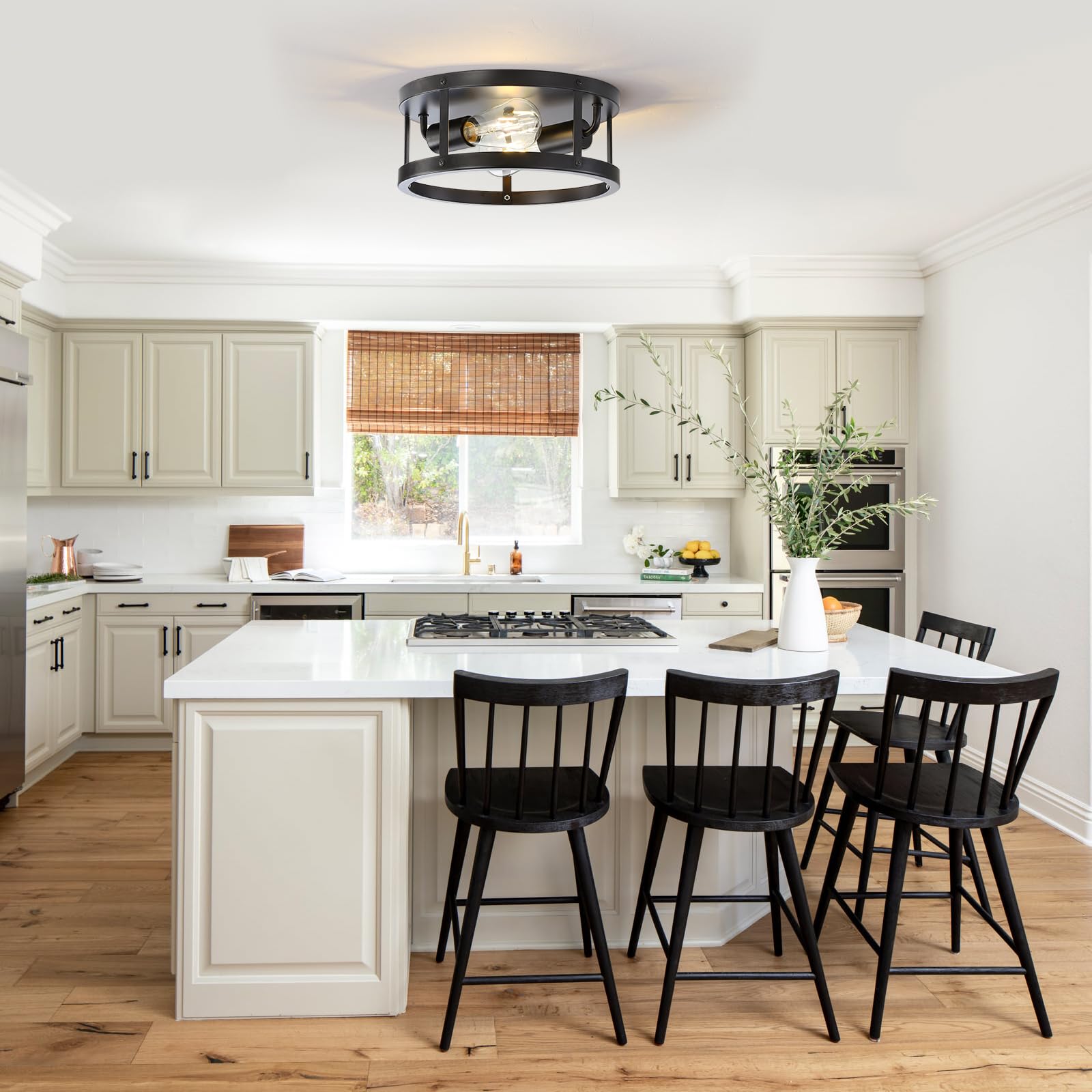 Eietonte Farmhouse Semi Flush Mount Ceiling Light, 11inch Black Metal Cage, 2-Light Industrial Fixture, Model EIECL003-BL1P