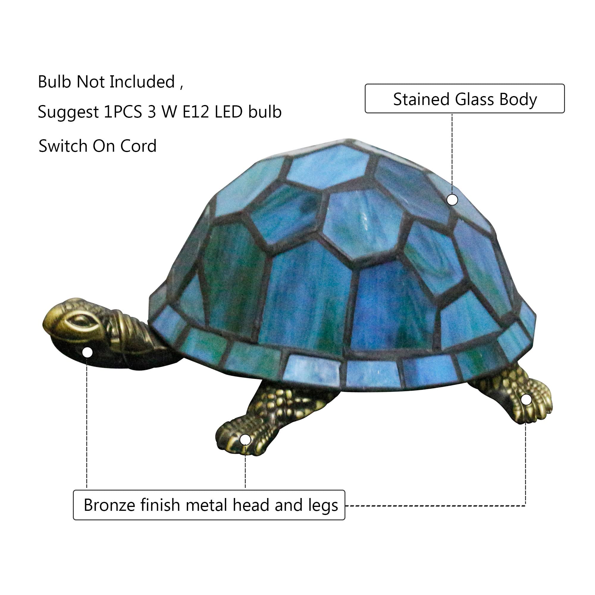 ZJART Tiffany Tortoise Lamp - Small Stained Glass Turtle Desk Light, 8x5x4 Inch, Sea Blue, Antique Accent Decor
