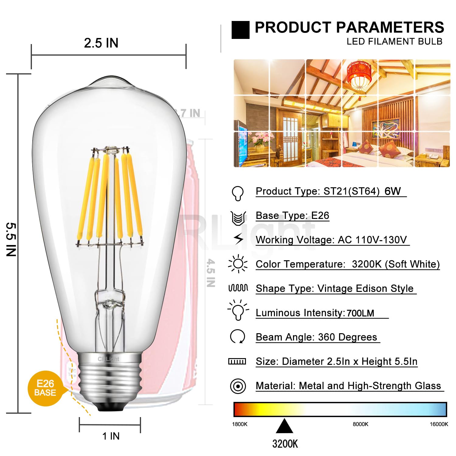 Crlight 6W Led Edison Bulb, Soft White 3200K, 70W Equivalent, Dimmable, Pack Of