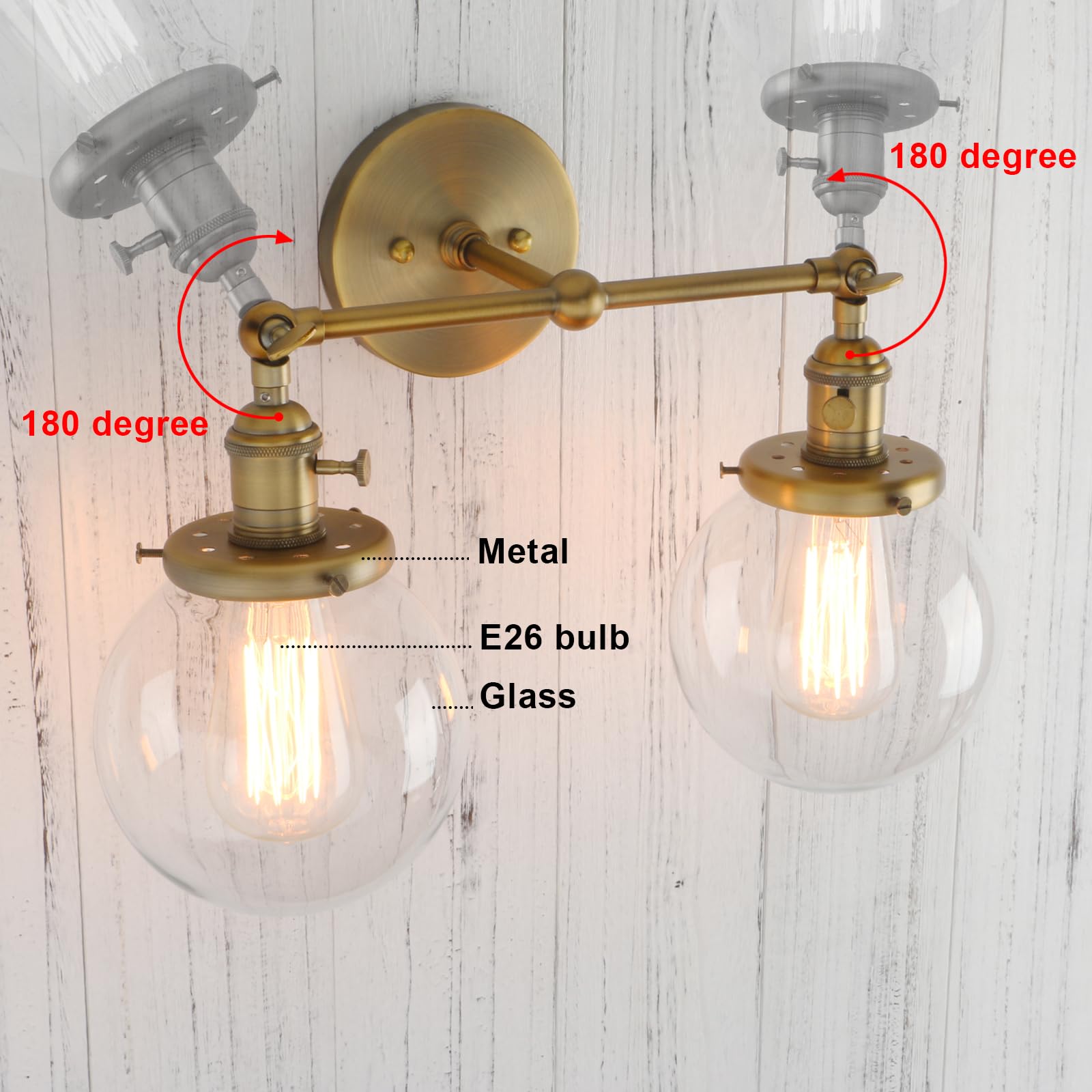 Permo Double Sconce Vintage Antique 2 Lights Vantiy Light Brass Gold Dual Wall Sconces With 5.9 Round Clear Glass Globe Shade Fo