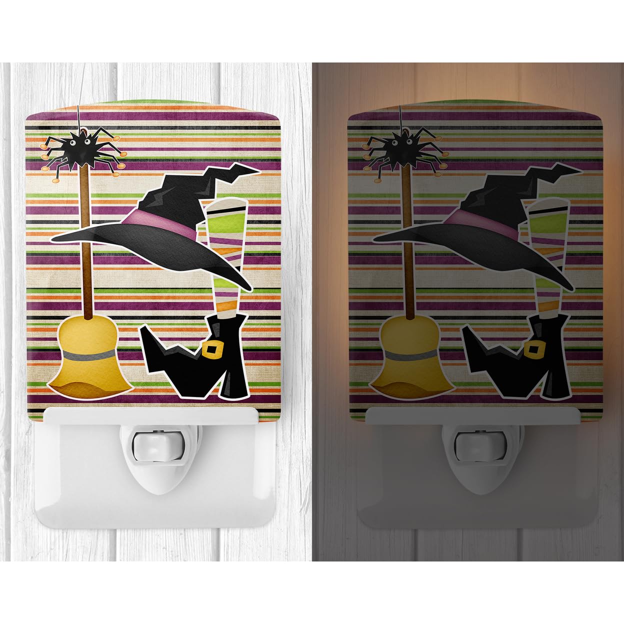 Carolines Treasures Ceramic Night Light, Witch Costume and Broom on Stripes, 6x4x3in, Model SB3010CNL, Multicolor