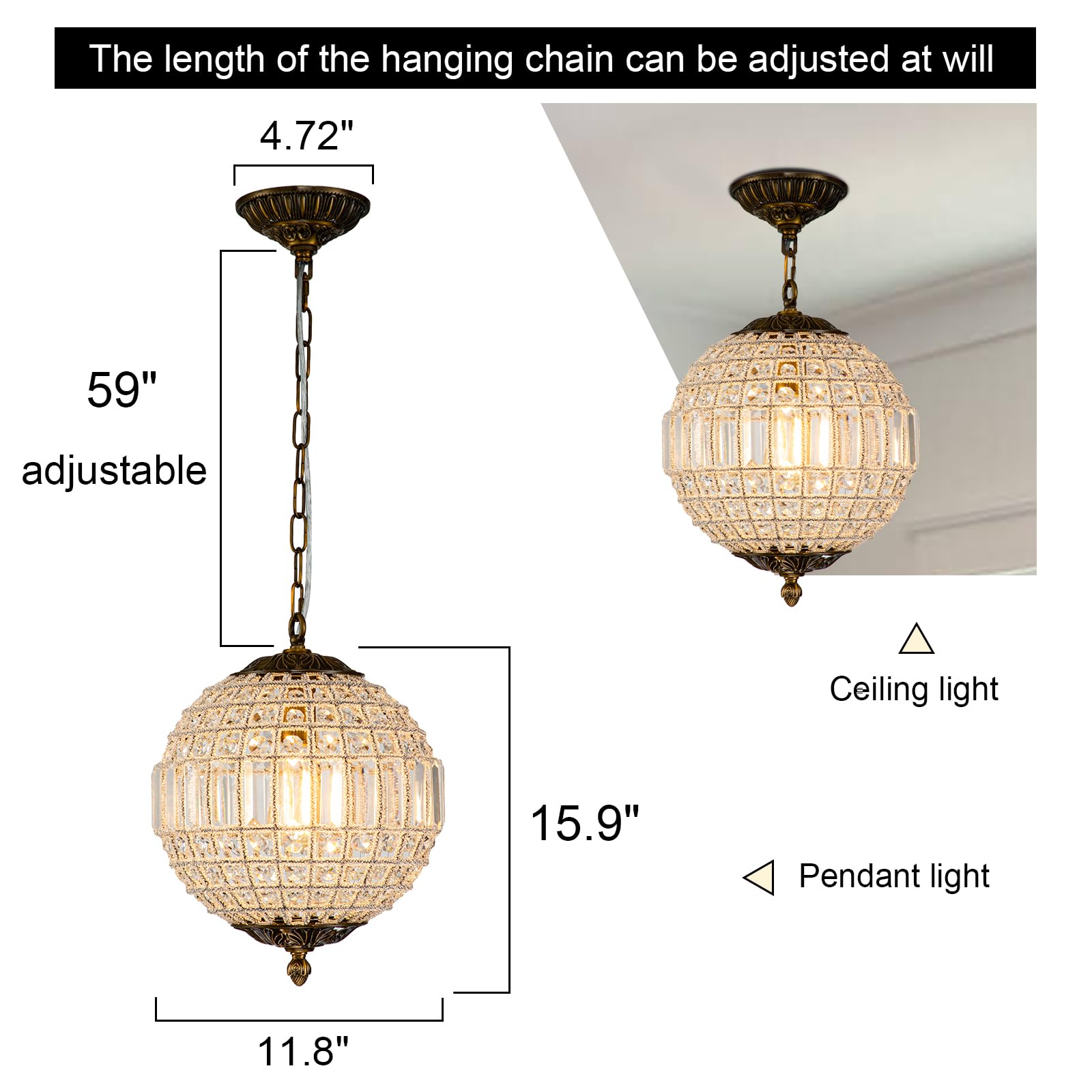 Huoku Antique Crystal Globe Chandelier, 11.8'' Adjustable Crystal Sphere Classic Pendant Light Fixture For Living Room Kitchen I