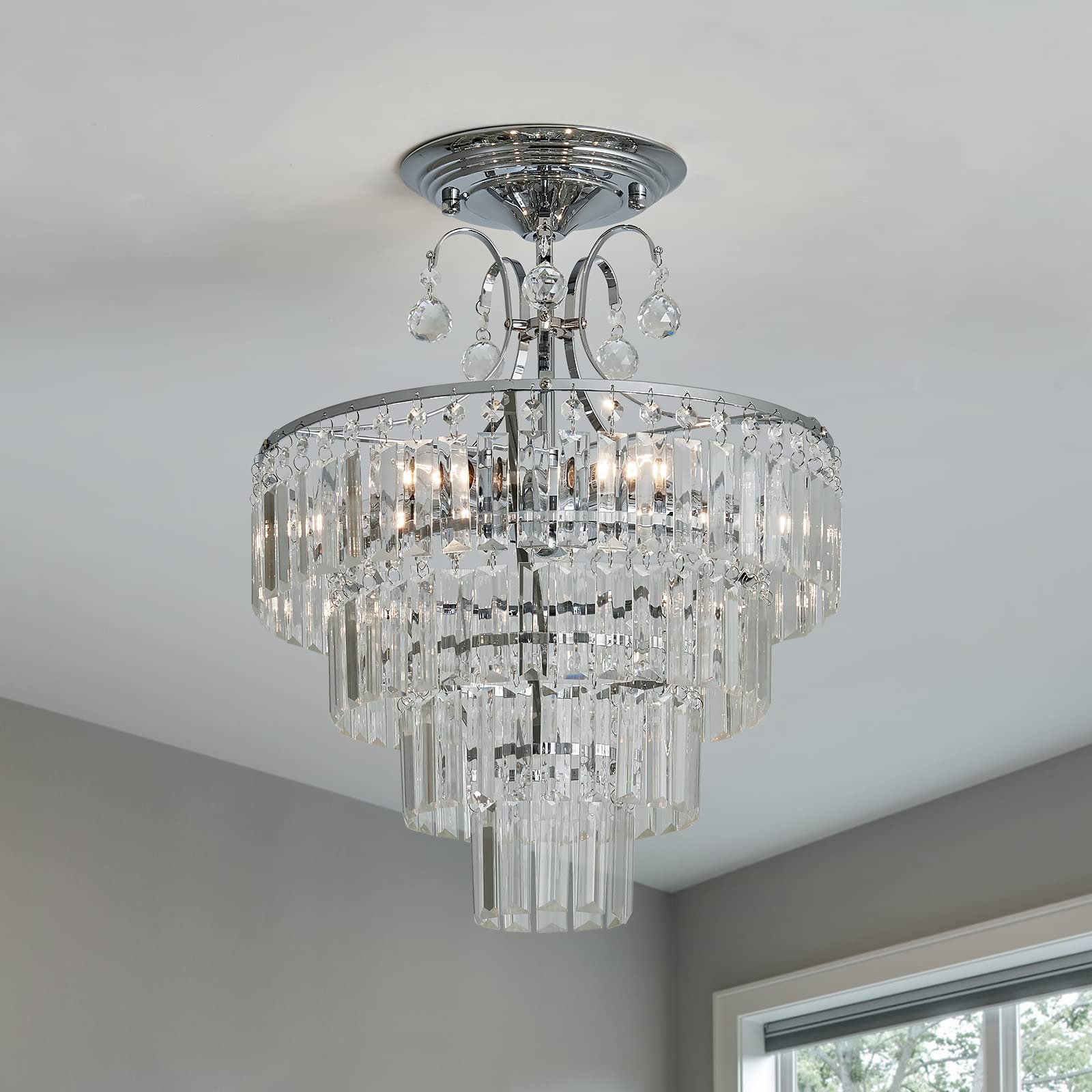 CVKASH Crystal Chrome Chandelier - 5 Lights Semi Flush Mount Ceiling Lamp for Dining Room, Kitchen, Bedroom, 15.4 Inch, Silver, Model W1144