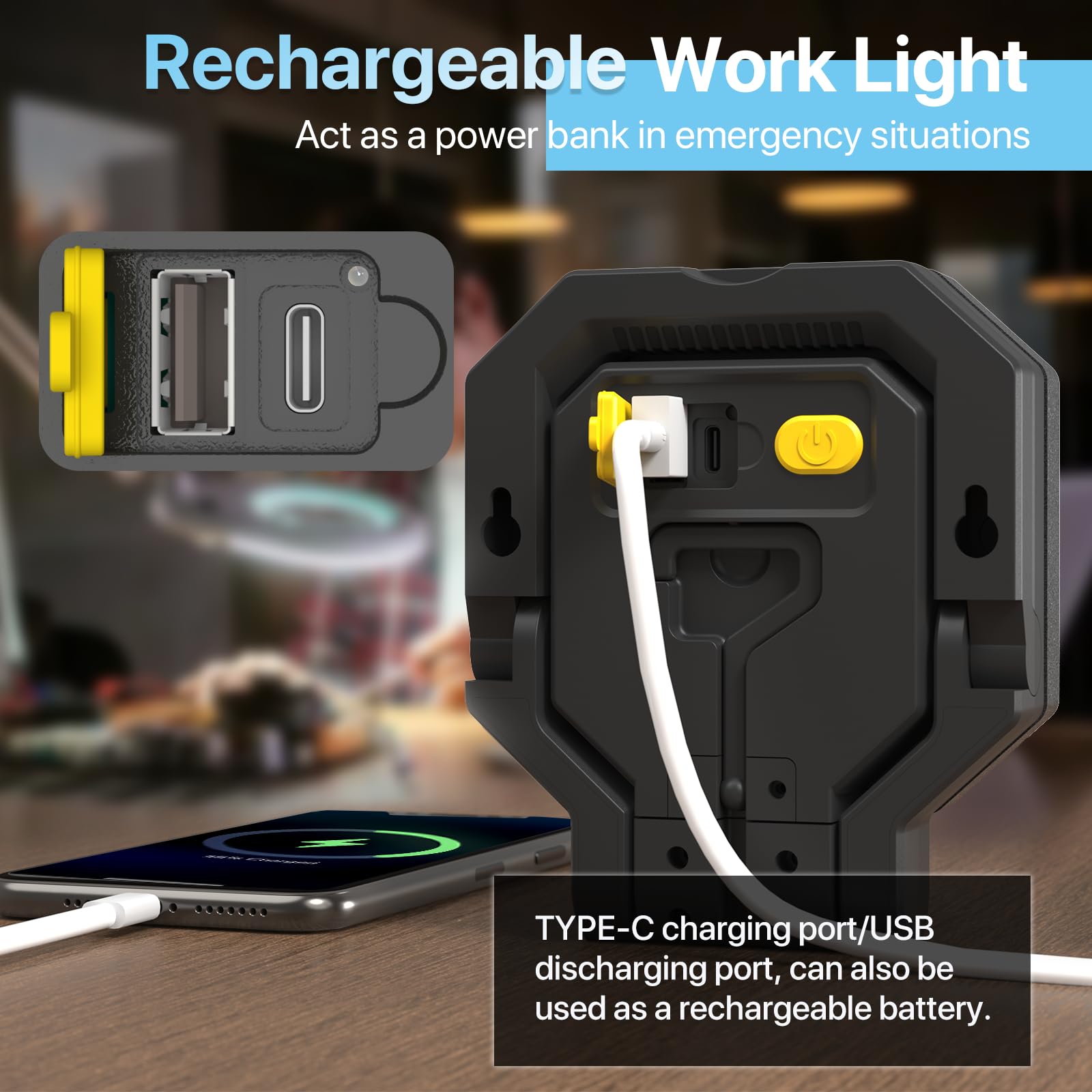 Hyperlite Rechargeable Work Light: 1Pack 20W 2000Lumens Magnetic Work Light - Hanging Hook Folding Bracket Led Work Light Job Site Lighting For Car Repairing Camping Working Hurricane
