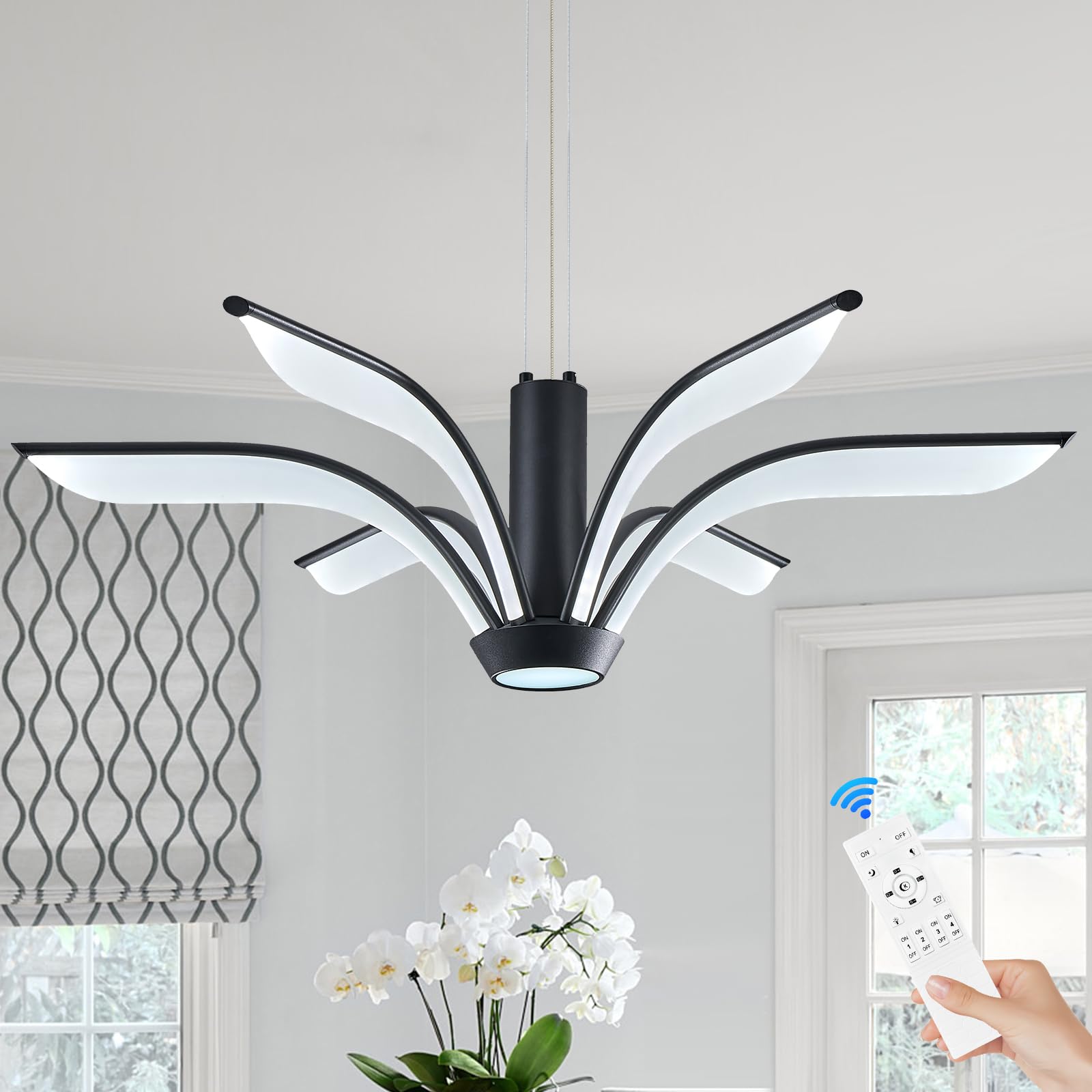 Benkut Black LED Chandelier Dimmable Modern Pendant Light Fixture 35 Remote Control 60W 3000K-6500K for Dining Room, Living Room
