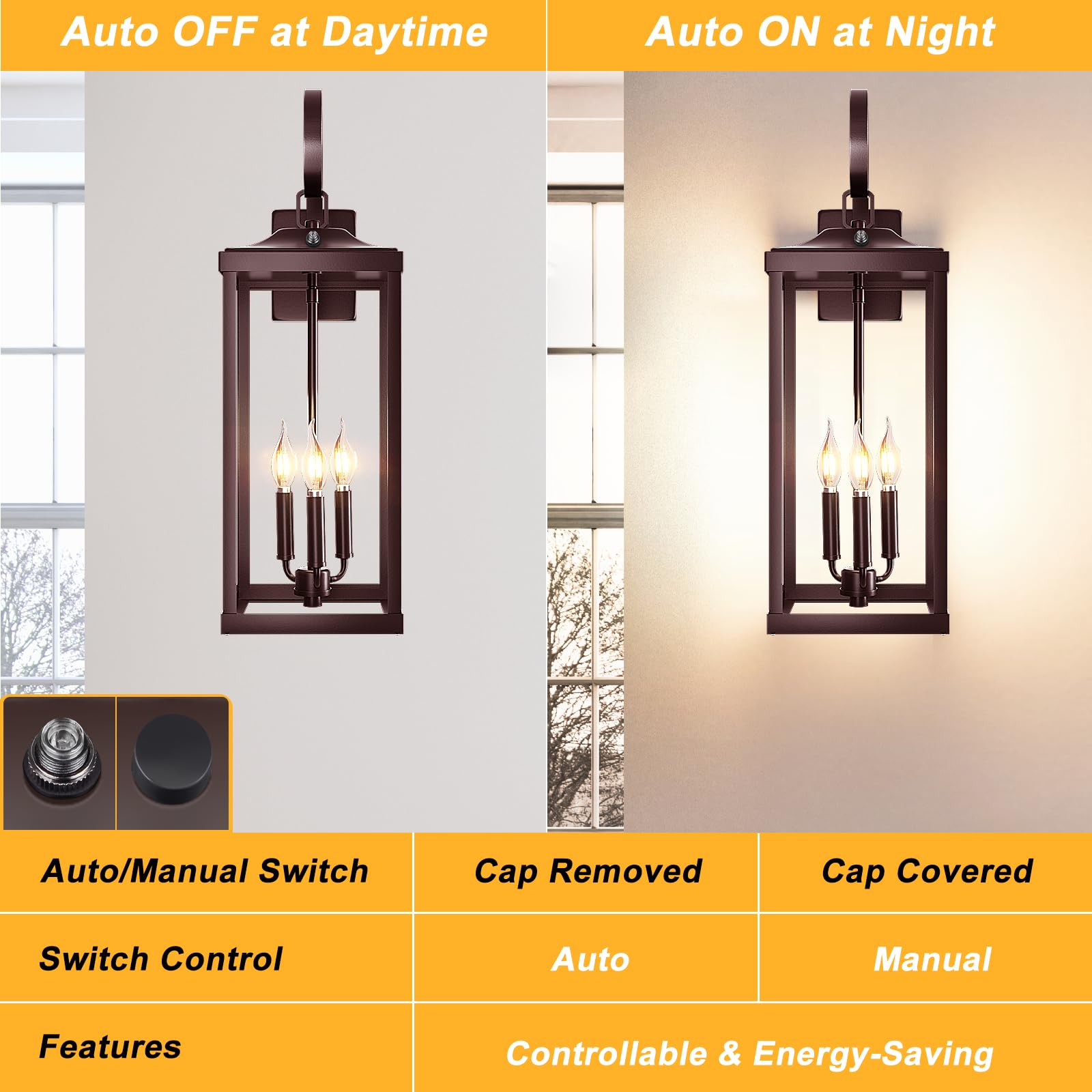 Yolsunes 2-Pack 24" Extra Large Outdoor Porch Lantern, Waterproof Oil Rubbed Bronze Wall Sconce, Metal Dusk to Dawn Light Fixture