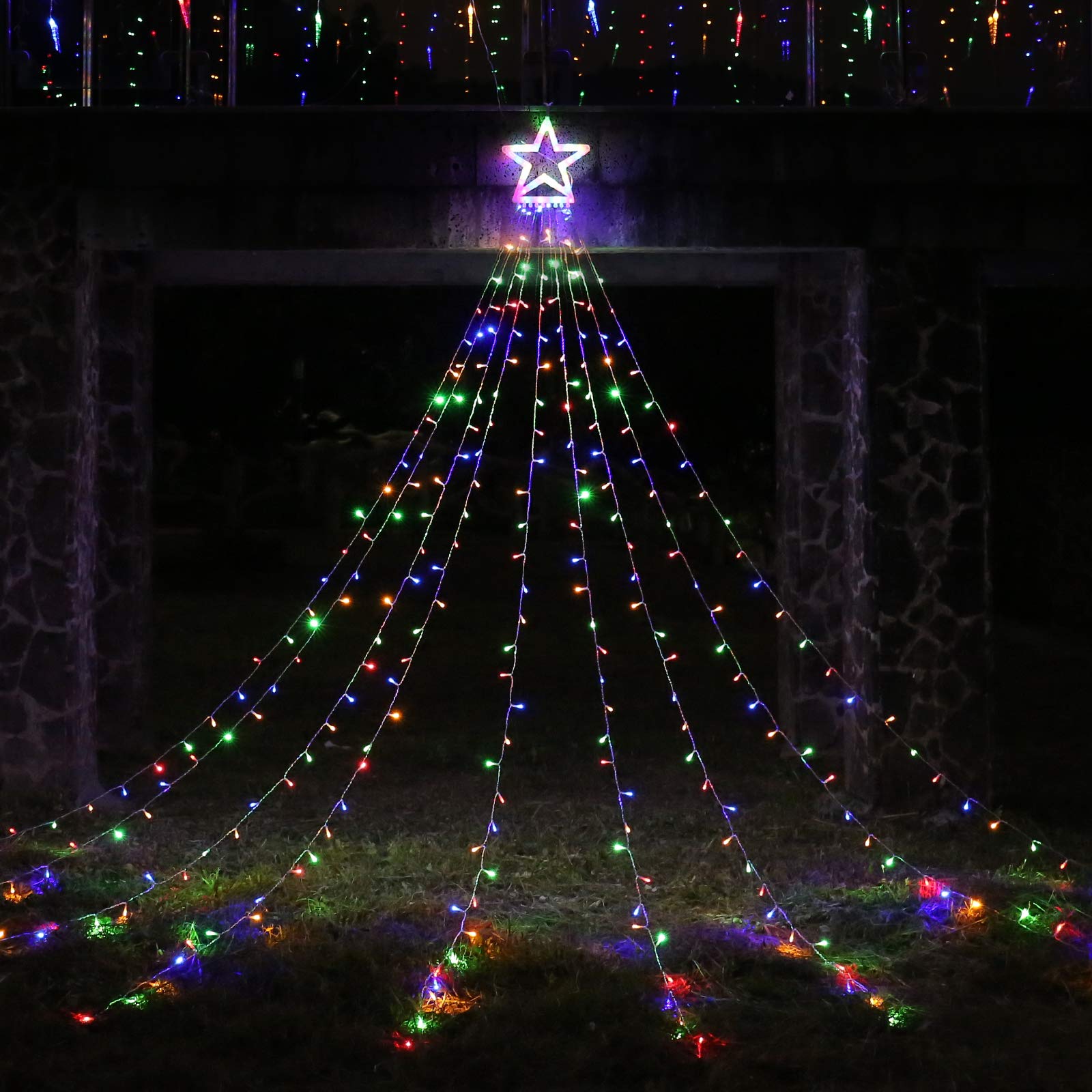 Toodour Christmas Decorations Outdoor Star Lights, 317 Led 10Ft X 9 Waterfall Tree Lights With 12" Topper Star, 8 Lighting Modes Outside Christmas Lights For Yard Garden Holiday Decor (Multicolor)