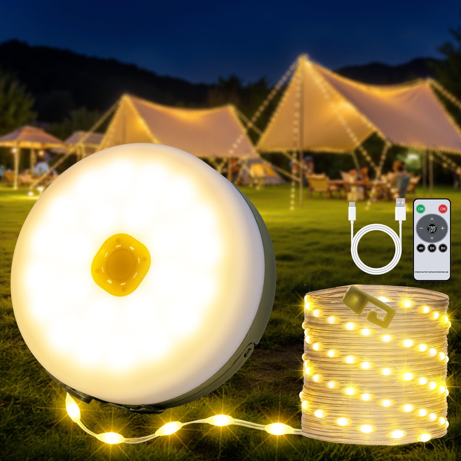 Camping String Lights, 4 in 1 Portable Camping Lights Rechargeable with 8 Lighting Modes, Remote Control, Quick Storage, 33FT Wa