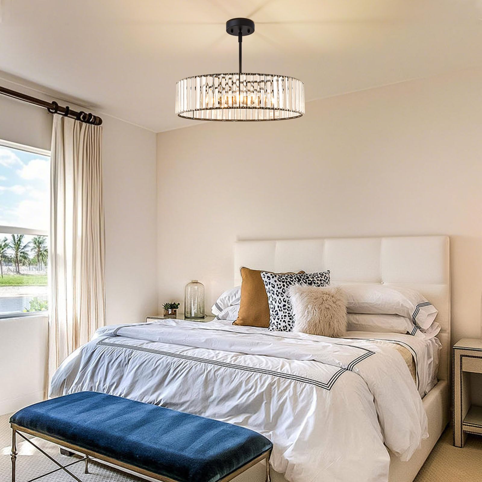 Violoemi Modern Blcak Semi Flush Mount Ceiling Light  Crystal Dining Room Chandelier Light Fixture  6-Light Drum Lighting Fixtures For Foyer Kitchen Living Room Bedroom (19.6 Inch)