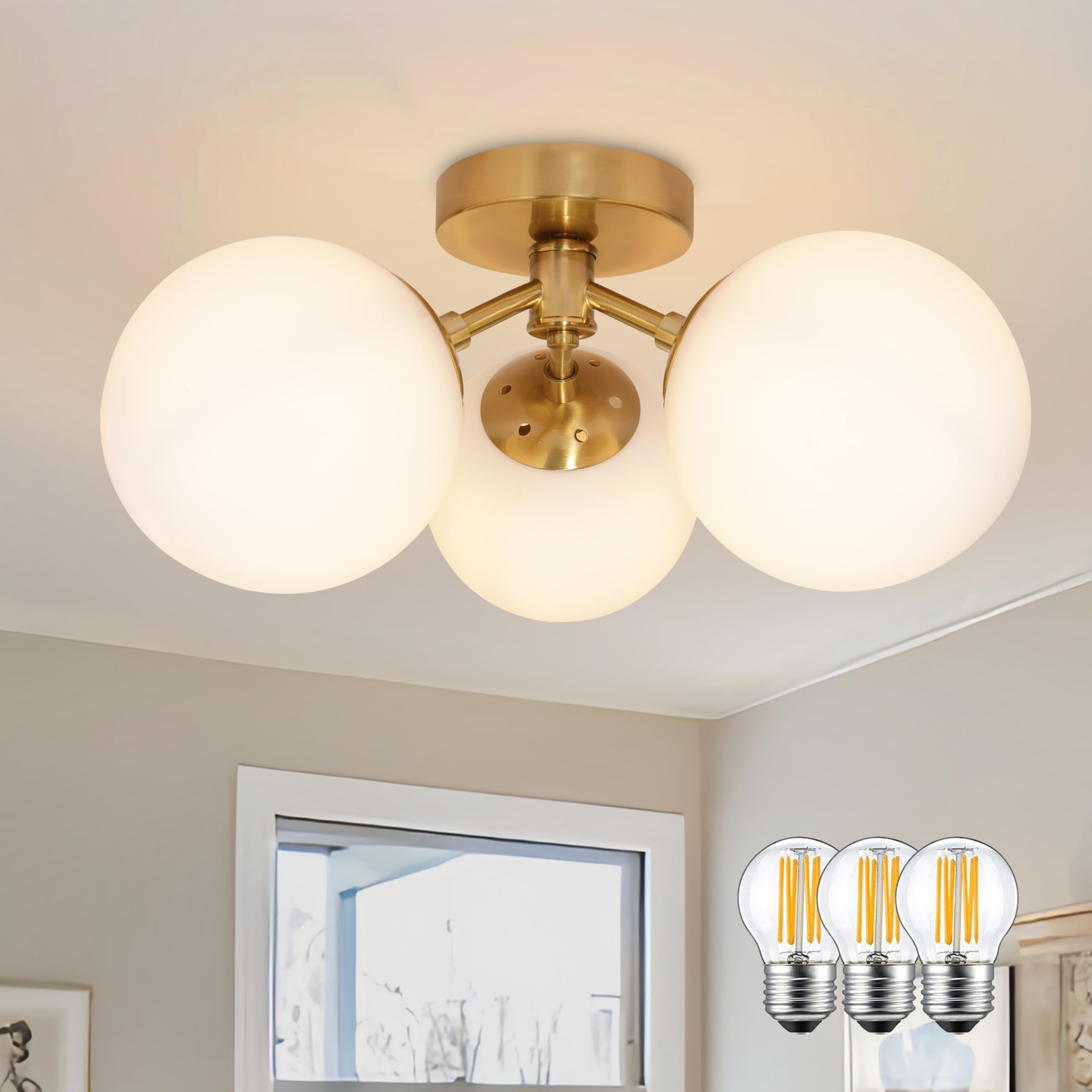 Bagood 3 Light Mid Century Modern Gold Globe Semi Flush Mount Ceiling Brass Chandelier 3-Light Milk Glass Globe Lights Sputnik C