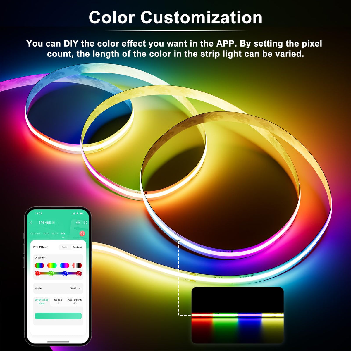 RGB Smart IC COB LED Strip Light,32.8ft Color Chasing Flexible DC24V ...