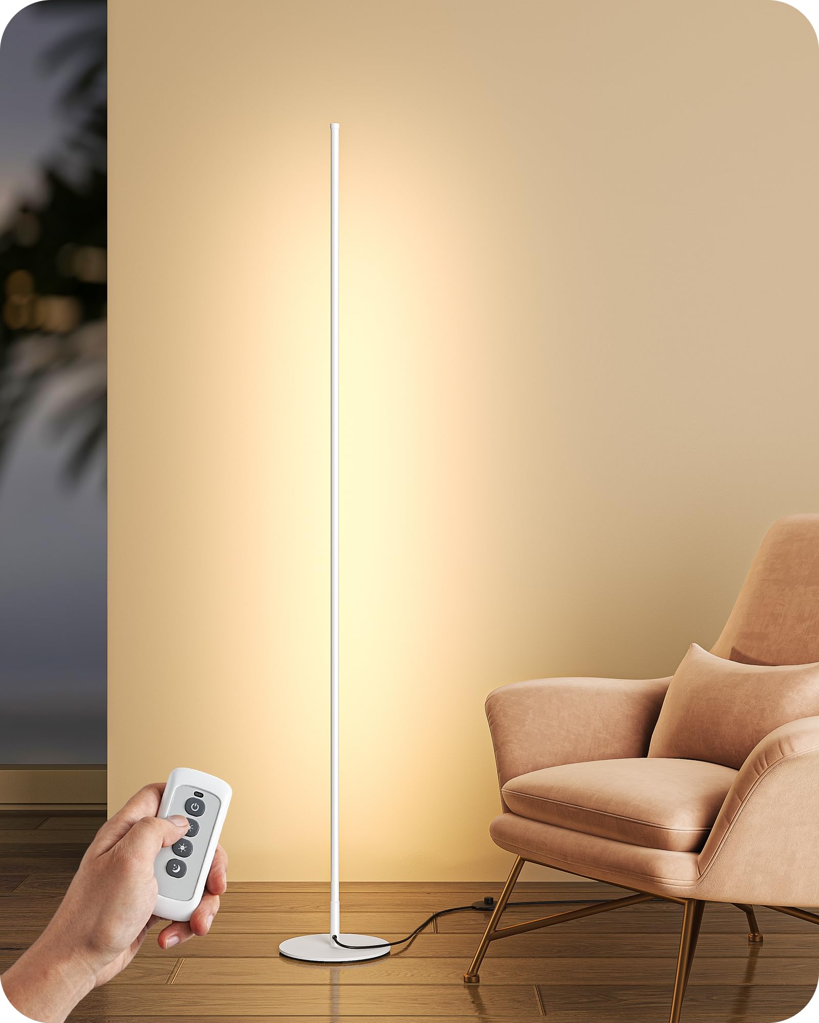 EDISHINE LED Corner Floor Lamp, 57.5in Dimmable, Minimalist Design, Aluminum, Warm White Light, White