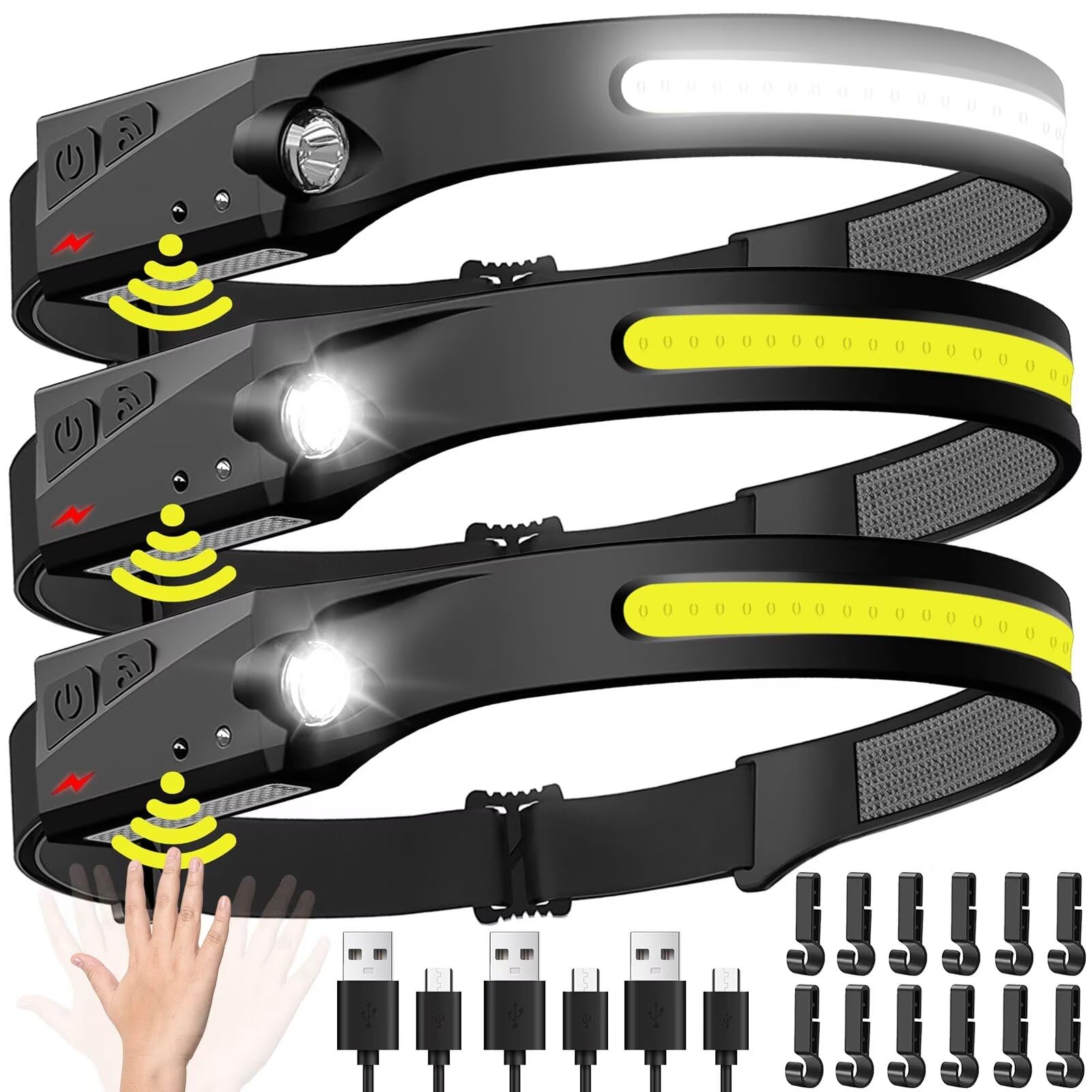 Headlamp Rechargeable 3Pcs, 230 Wide Beam Head Lamp Led With Motion Sensor For Adults - Camping Accessories Gear, Waterproof Hea