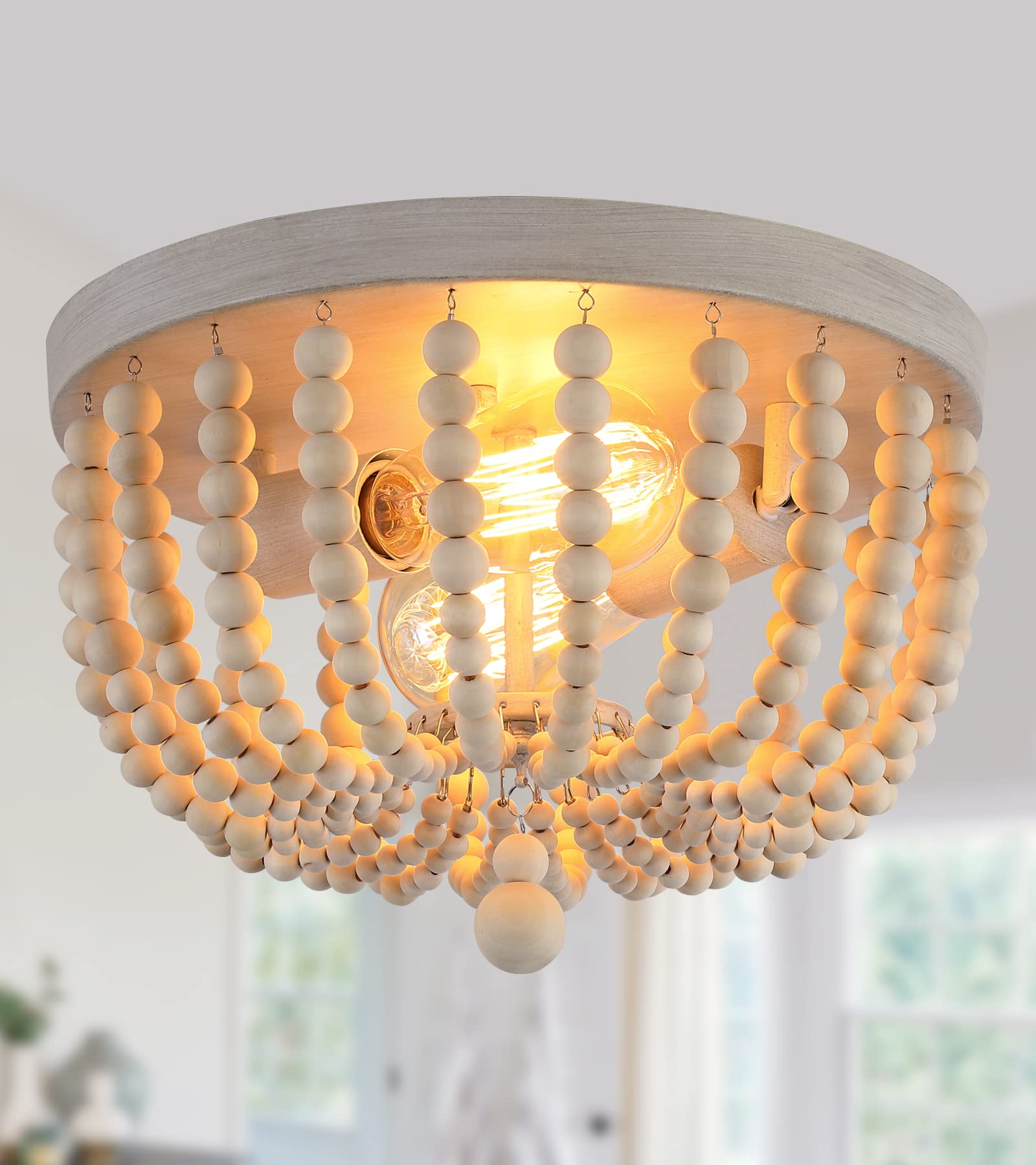 Q&S Boho Chandelier Wood Beaded Flush Mount Ceiling Light Fixtures For Nursery Baby Bedroom Kitchen Hallway,Oak White Finish,2-L