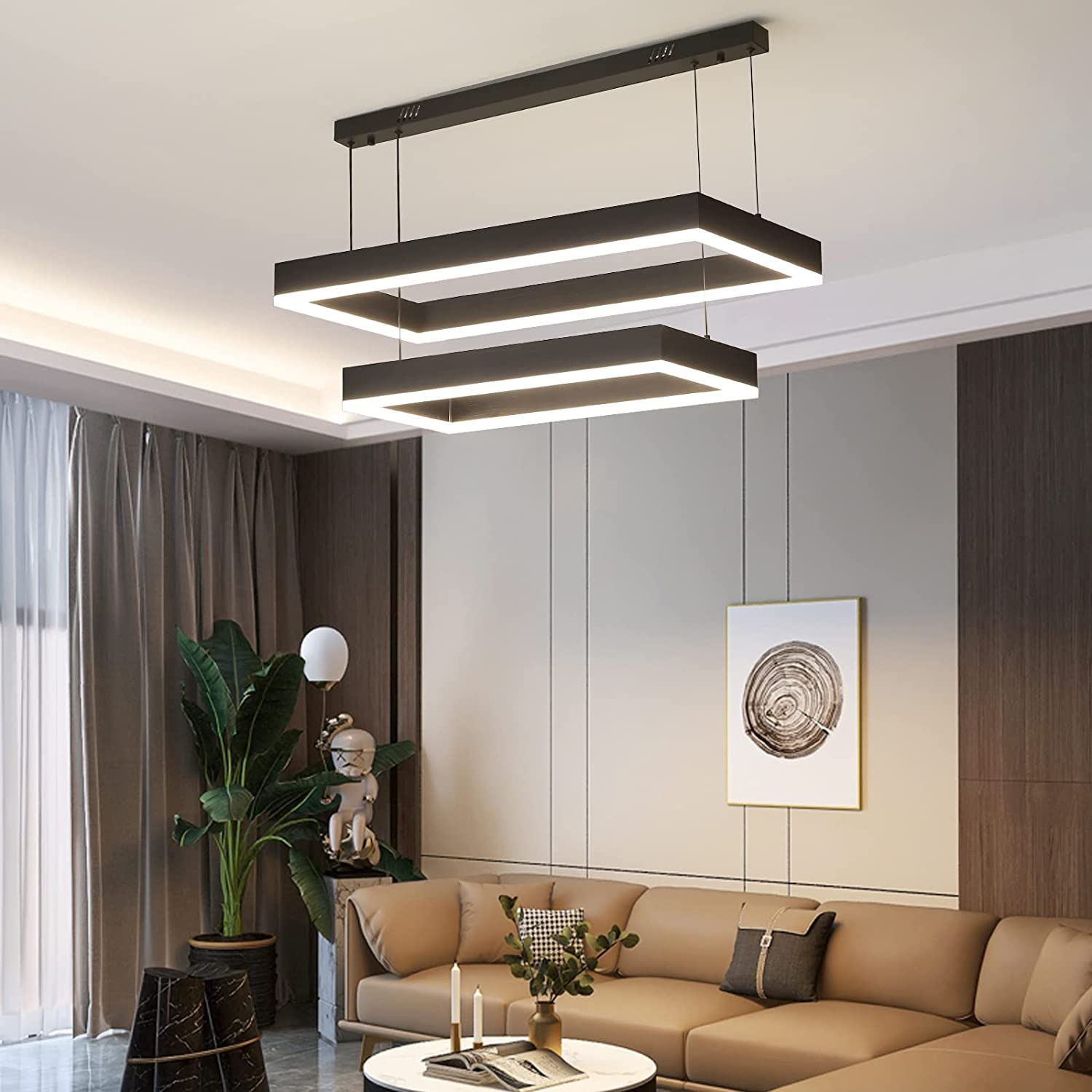 Modern Chandeliers For Living Room, 2-Ring Rectangles Pendant Light Kitchen Island Fixtures, Dimmable Led Chandelier For Dining Room Bedrooms, Black (40Cm/60Cm)