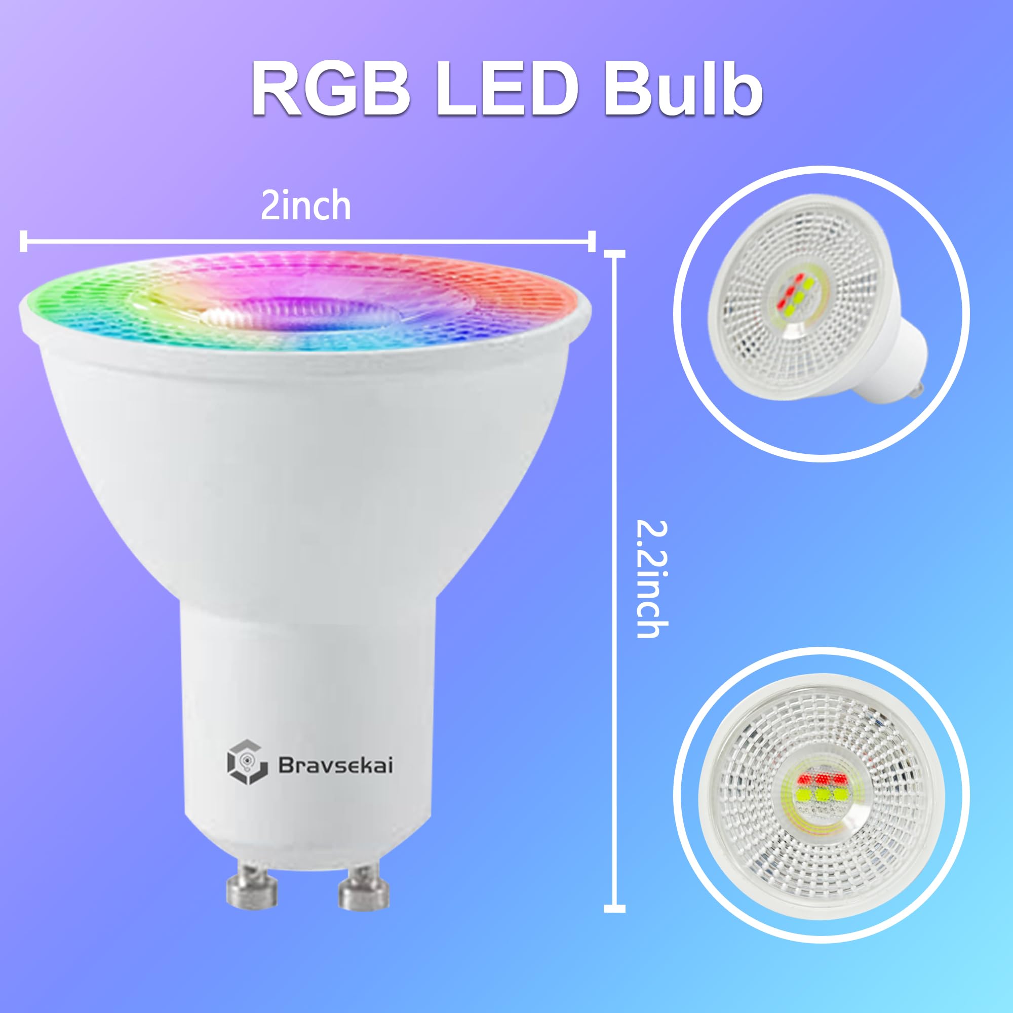Bravsekai Gu10 Rgb Led Bulb With Ir Remote, 35W Equivalent, 16 Colors & Dynamic Effects, Memory Function, 38 Beam Angle For Mood