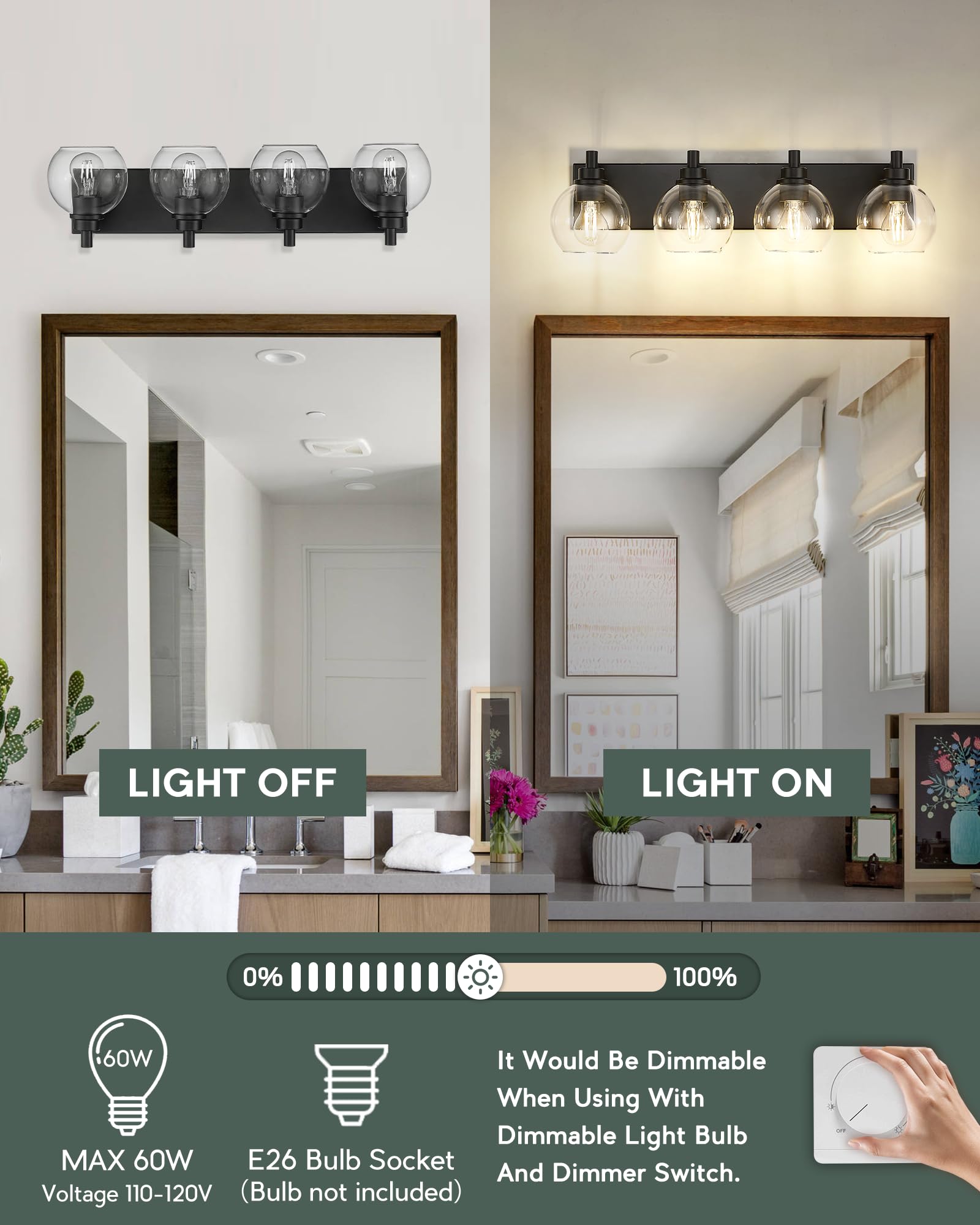 Metwet Bathroom Light Fixtures, 4 Light Matte Black Vanity Light, 26 Inch Modern Wall Sconces With Globe Clear Glass Shade, Vani