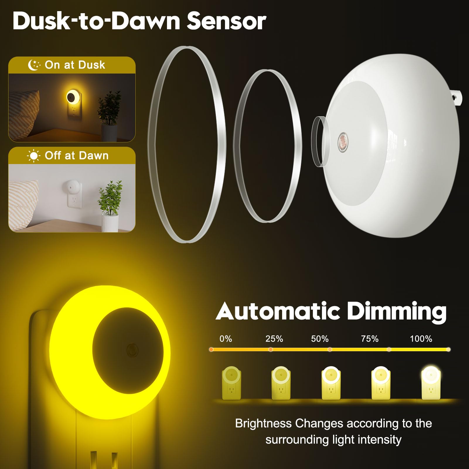Fesnne Night Light, Night Lights Plug Into Wall, Dusk To Dawn Sensor, Amber Led Night Light 0.5W, 2 Pack Nightlight For Adults, Bedroom, Bathroom, Hallway, Kitchen