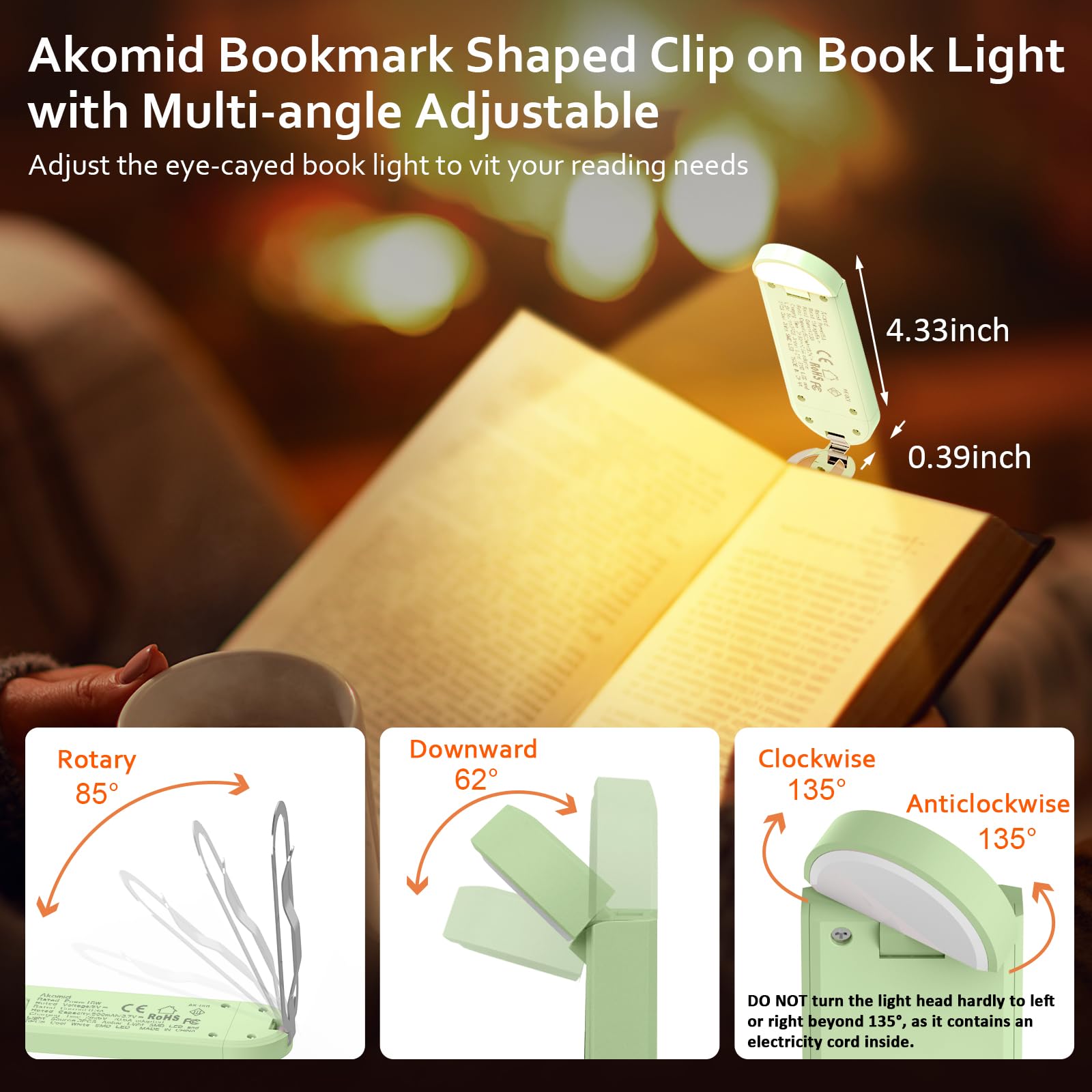 Akomid Book Light, Usb Rechargeable, Eye-Cared Amber Light, 8 Leds, Green, Modern Style, Metal & Plastic, Clip-On, Stepless Dimm