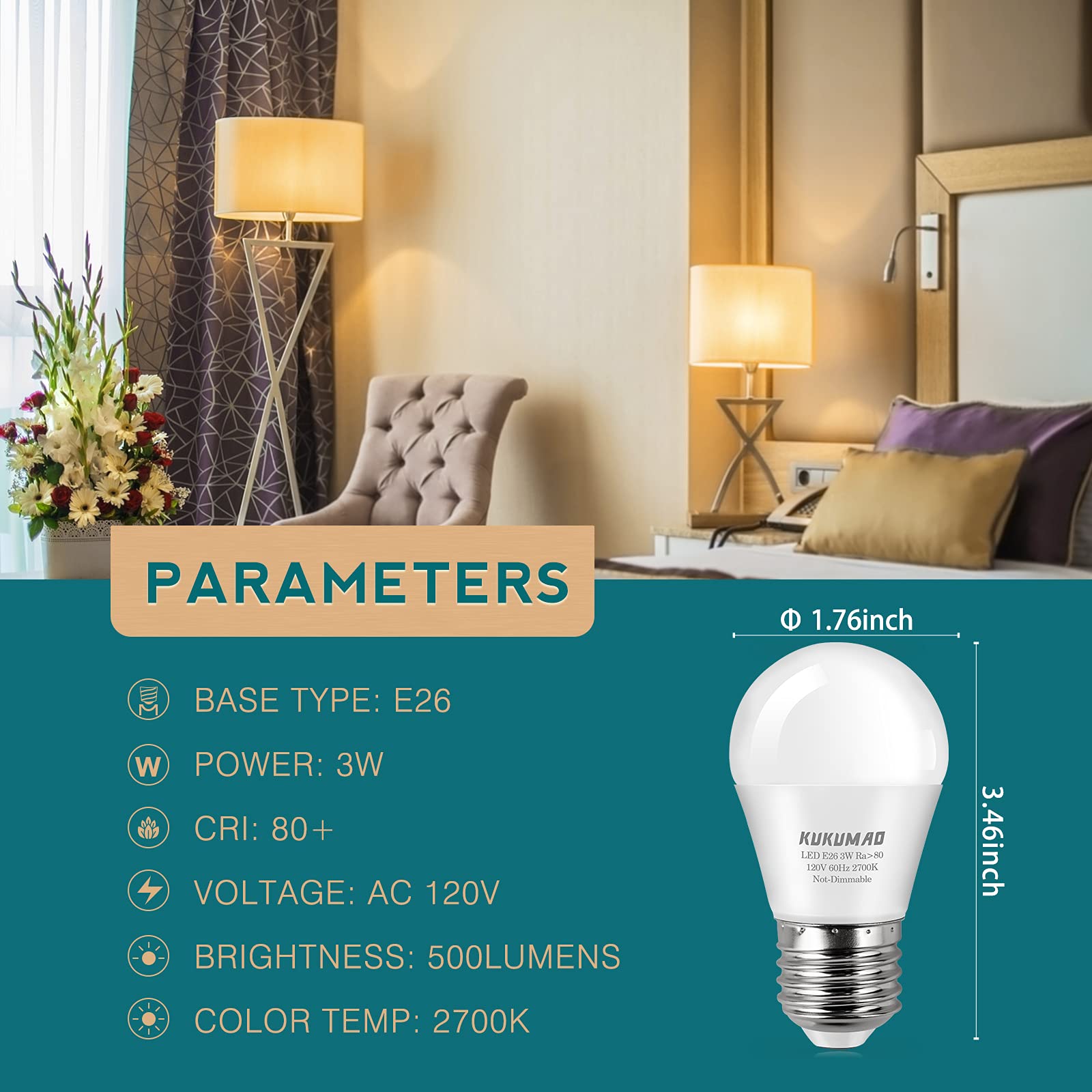 Kukumao Led Light Bulb, A15 3W 25W Equivalent, Warm White 2700K, 6 Pack, E26 Medium Screw Base, Energy Saving, For Home Light Bu