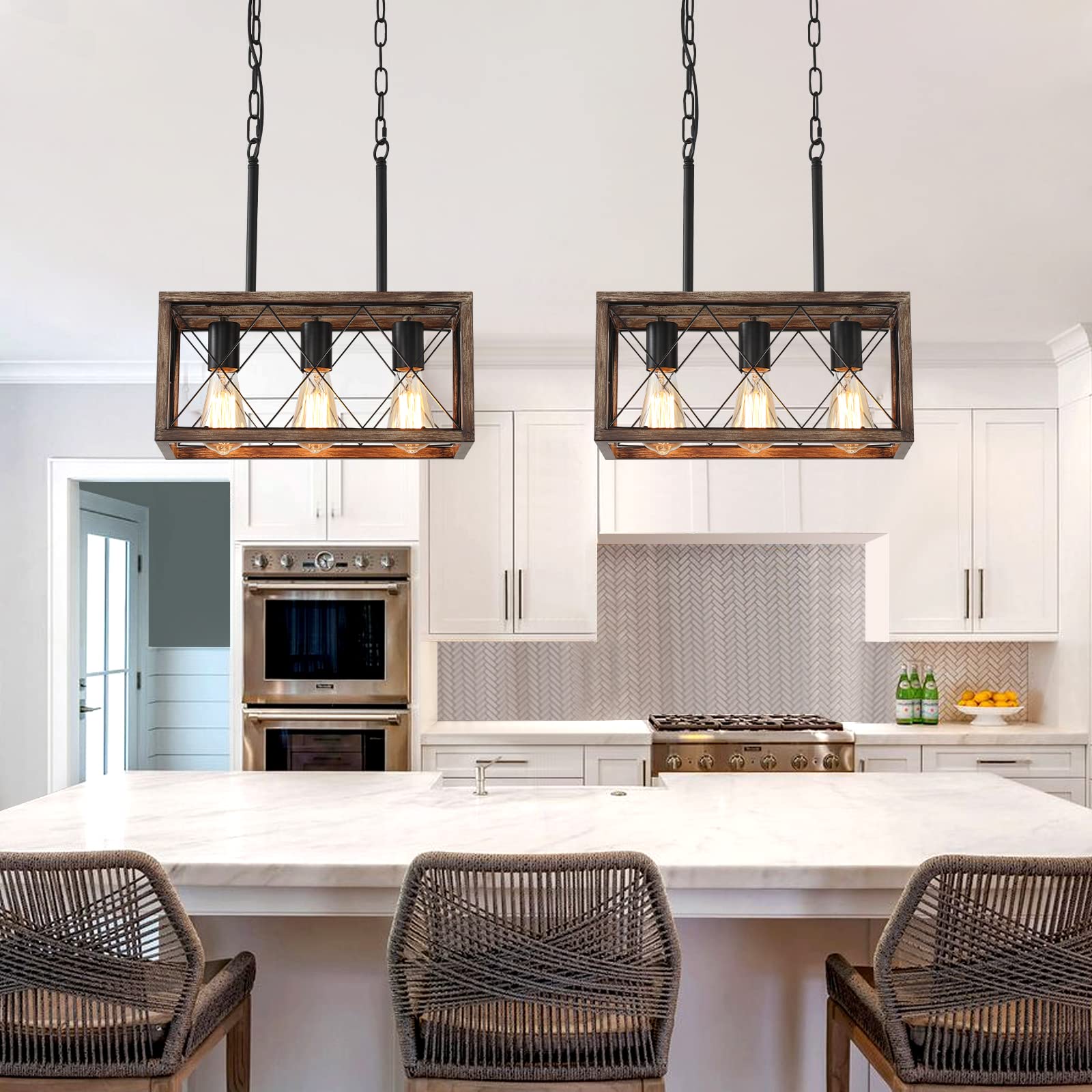 Keesfu Farmhouse Kitchen Island Lighting, 3 Lights Pendant Lighting Fixtures, Adjustable Height, Industrial Dining Room Light For Living Room Foyer Dining Table Over Sink. (Wood Grain Color)