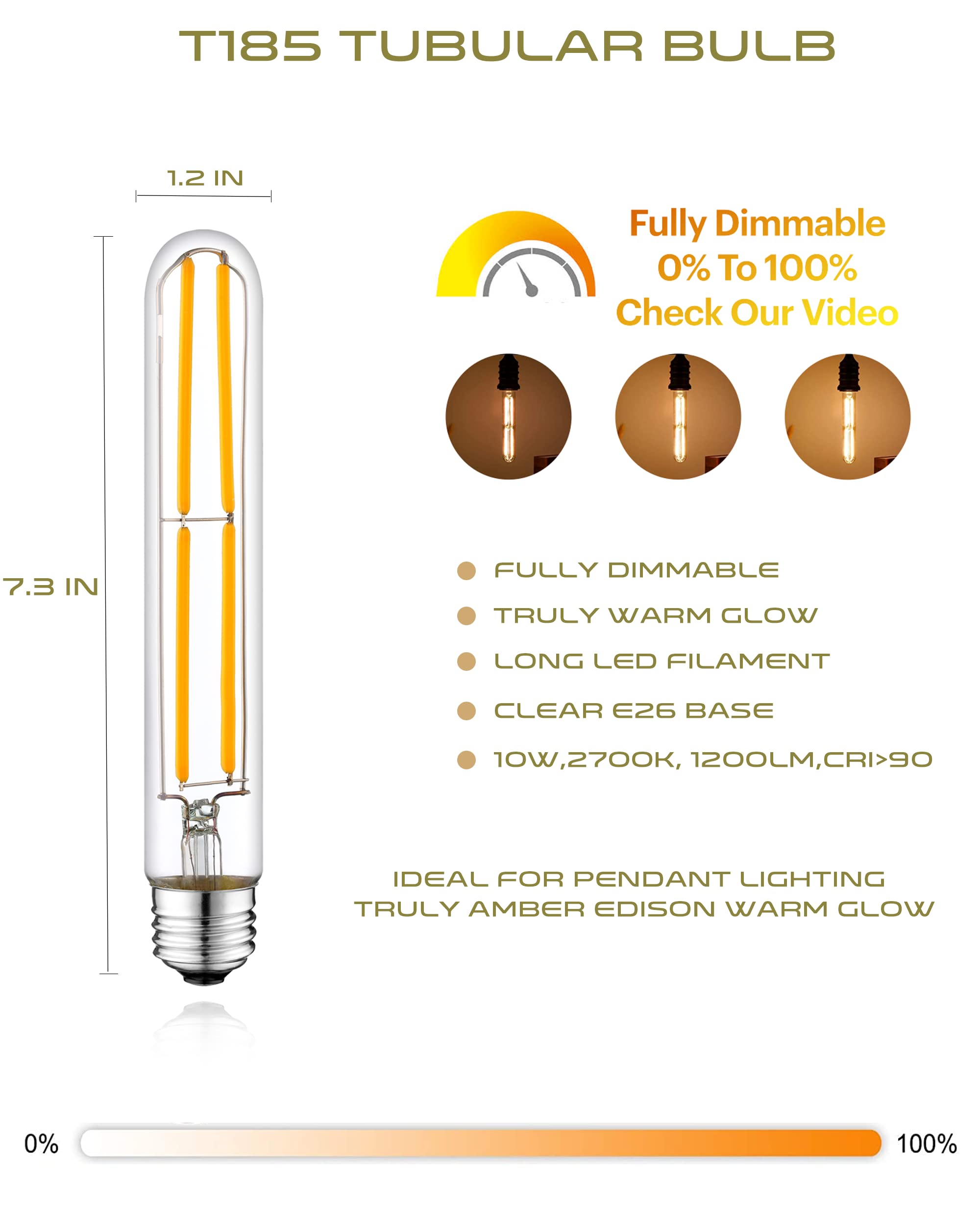 Hunanaote 6W Dimmable T10 Led Bulb, 2700K Warm White, E26 Base,