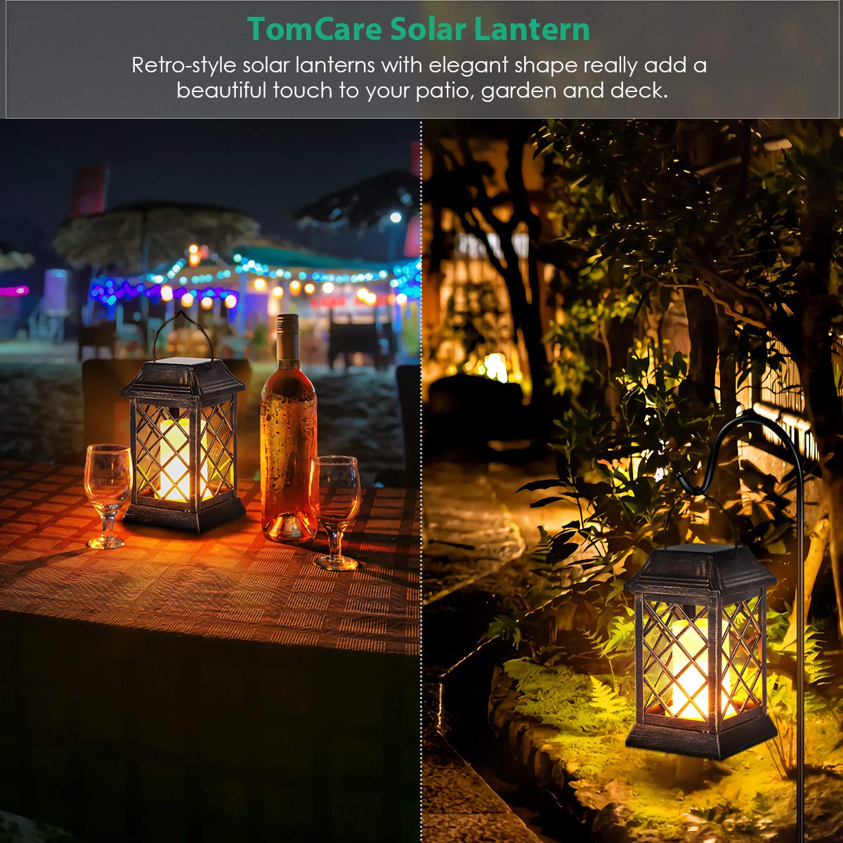 TomCare Solar Lanterns, 2 Pack, Metal, Waterproof, Flickering Flame, Bronze, Model SZ-20015
