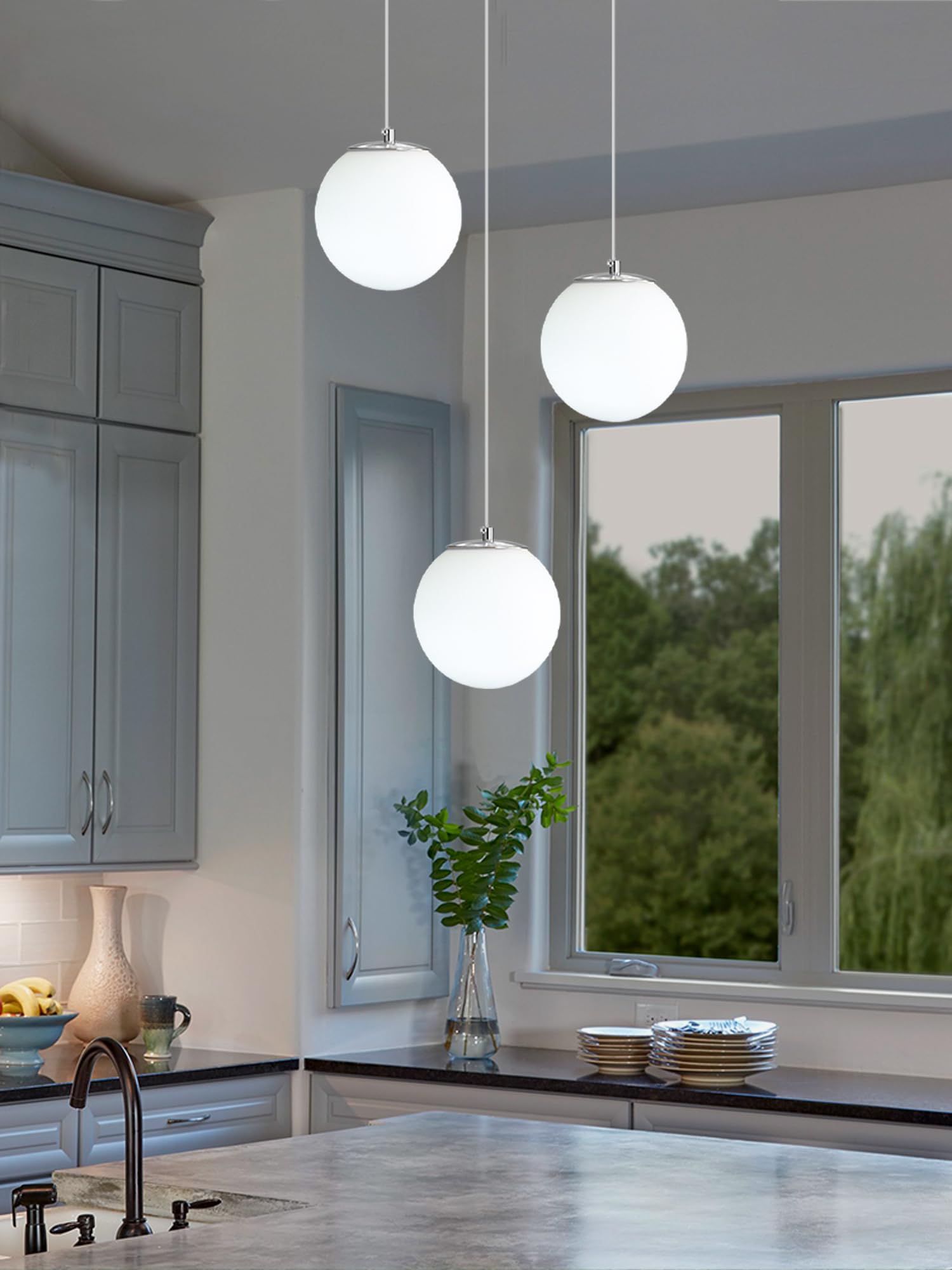 Ykolupty 3-Light Silver Chandelier With White Globe Glass Dimmable Ceiling Light Glass Pendant Light For Kitchen Island, Dining