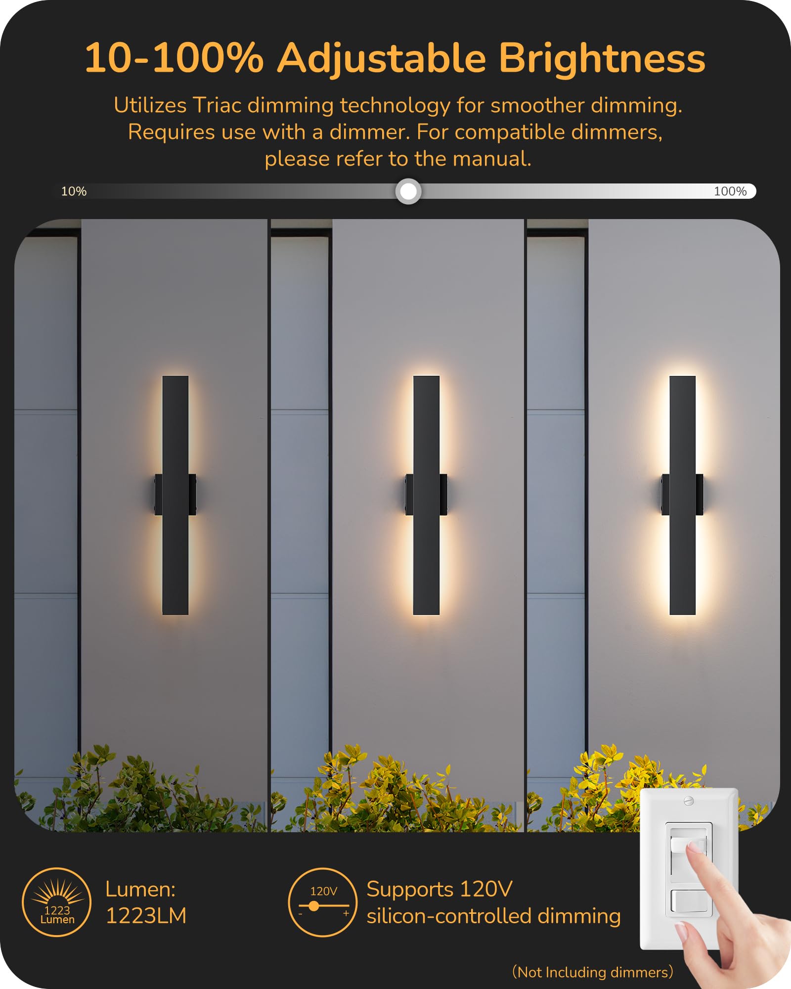 EDISHINE 23.6" Outdoor Wall Lights, Dimmable 3CCT, IP65 Waterproof, Black, 2 Pack, Model BD050
