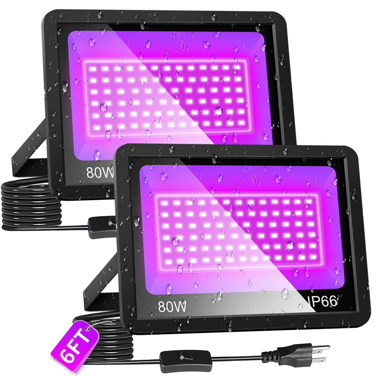 YQNLIFA 80W LED Black Light, Blacklight Flood Light with Plug+ 6ft Cord, IP66 Waterproof Black Lights for Halloween Lights, Neon