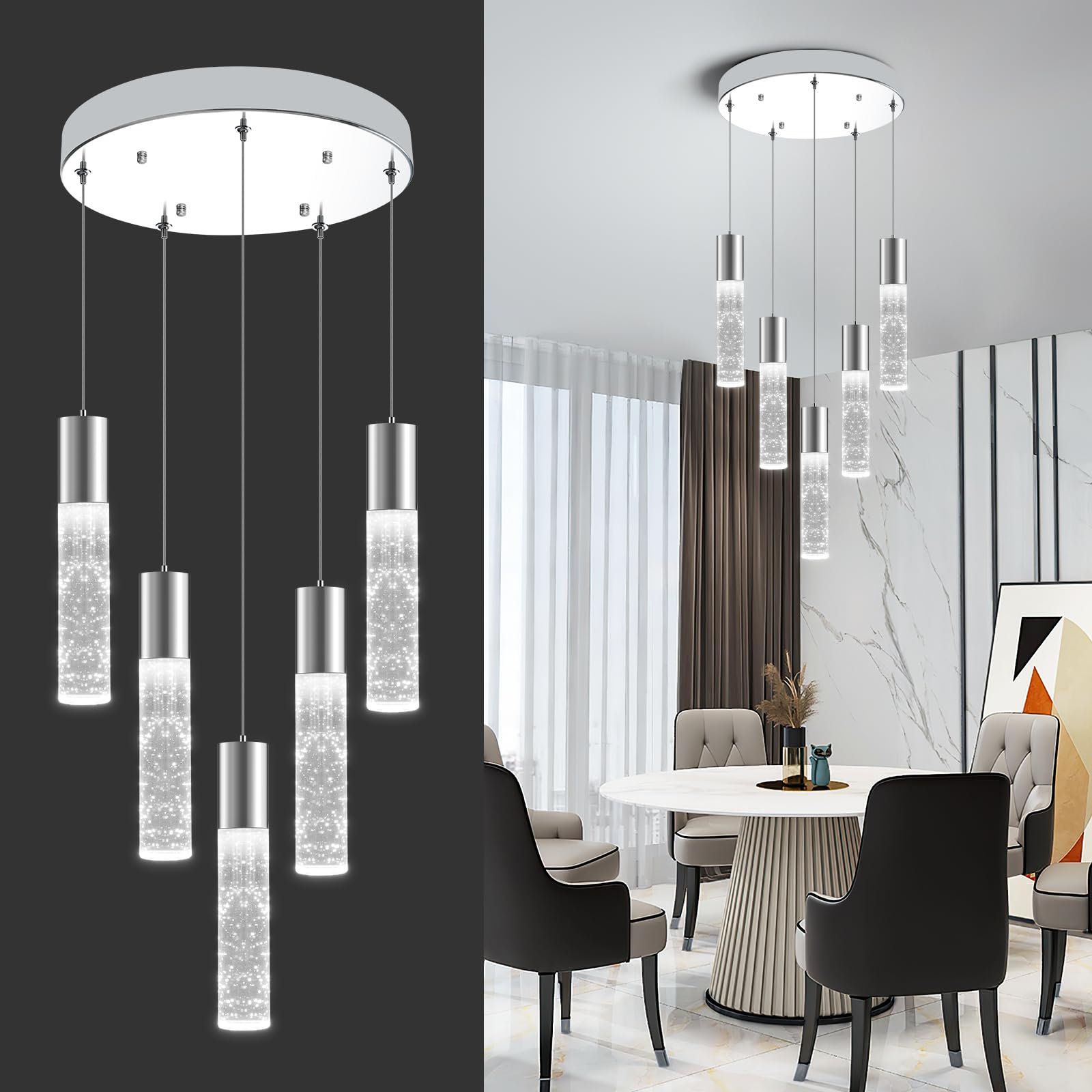 OKELI 5-Light Pendants Light for Kitchen Island Dining Room  6000K Bubble Crystal Modern LED Kitchen Hanging Lights  30W Chrome Pendant Lighting Fixture  Round