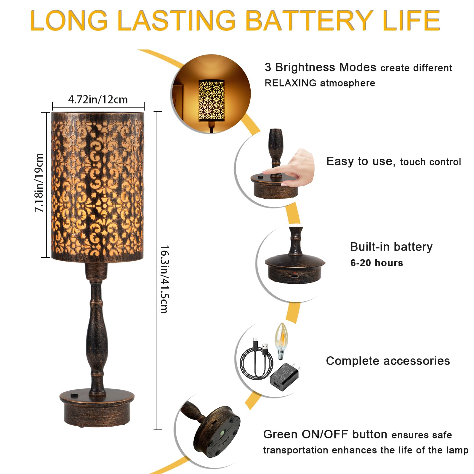 UMEXUS LED Cordless Table Lamp, Touch Dimmer, Small Bronze Metal, Model 17721M3, Vintage Style for Home and Outdoor Use