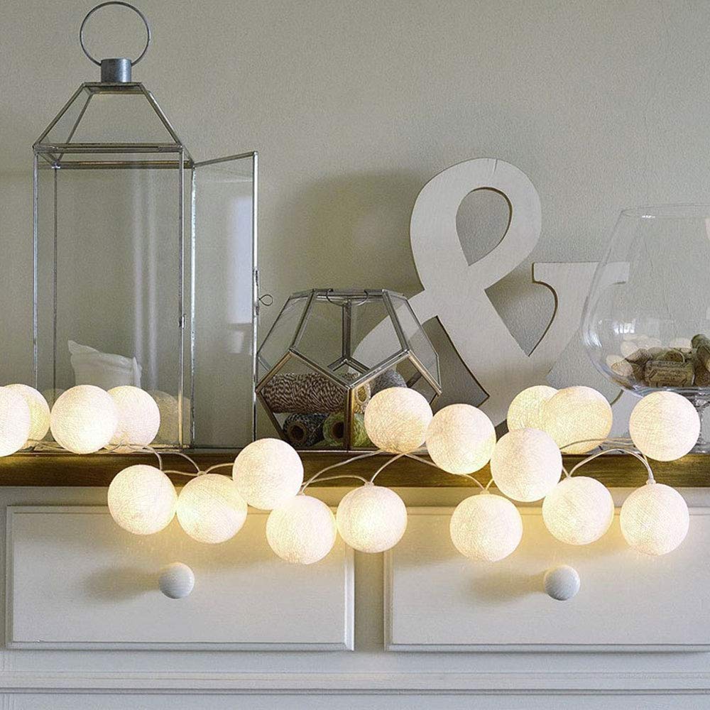 Anordsem Cotton Lights - White Battery Operated Ball String Light For Bedroom Decor, 2 Pack