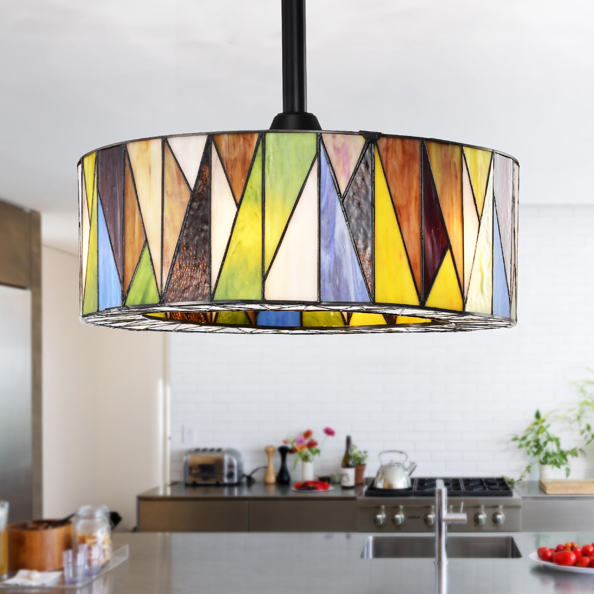 Home Accessories Svenja Black Lighted Ceiling Fan with Multi-Colored Earth Tones Tiffany Style Glass Shade Fandelier with Remote