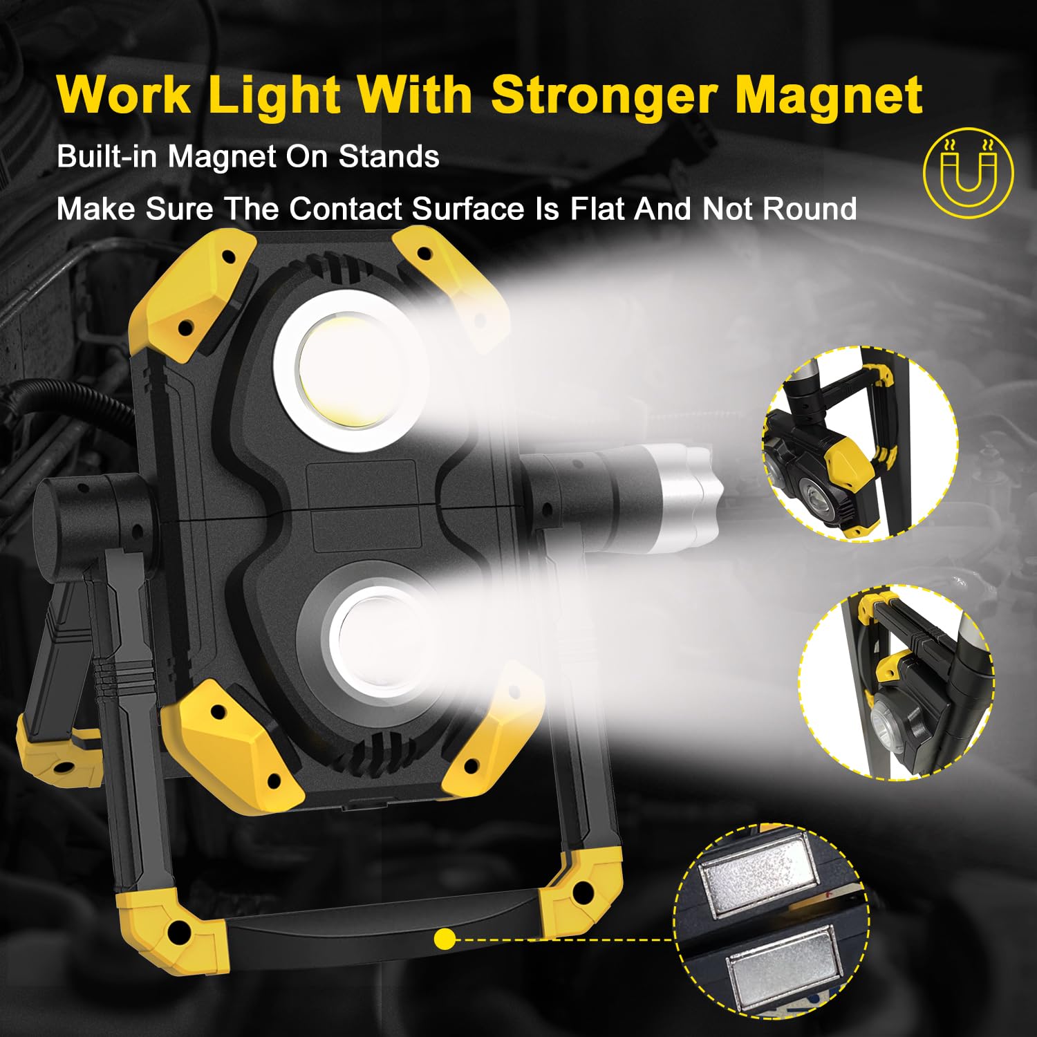 Samyoung 2 Pack Magnetic 6000 Lumen Work Light, 10 Hours Long Lasting 360°Rotating 7000K Warm Rechargeable Work Light, Folding Waterproof Led Work Light For Job Site Car Inspection Camping Emergency
