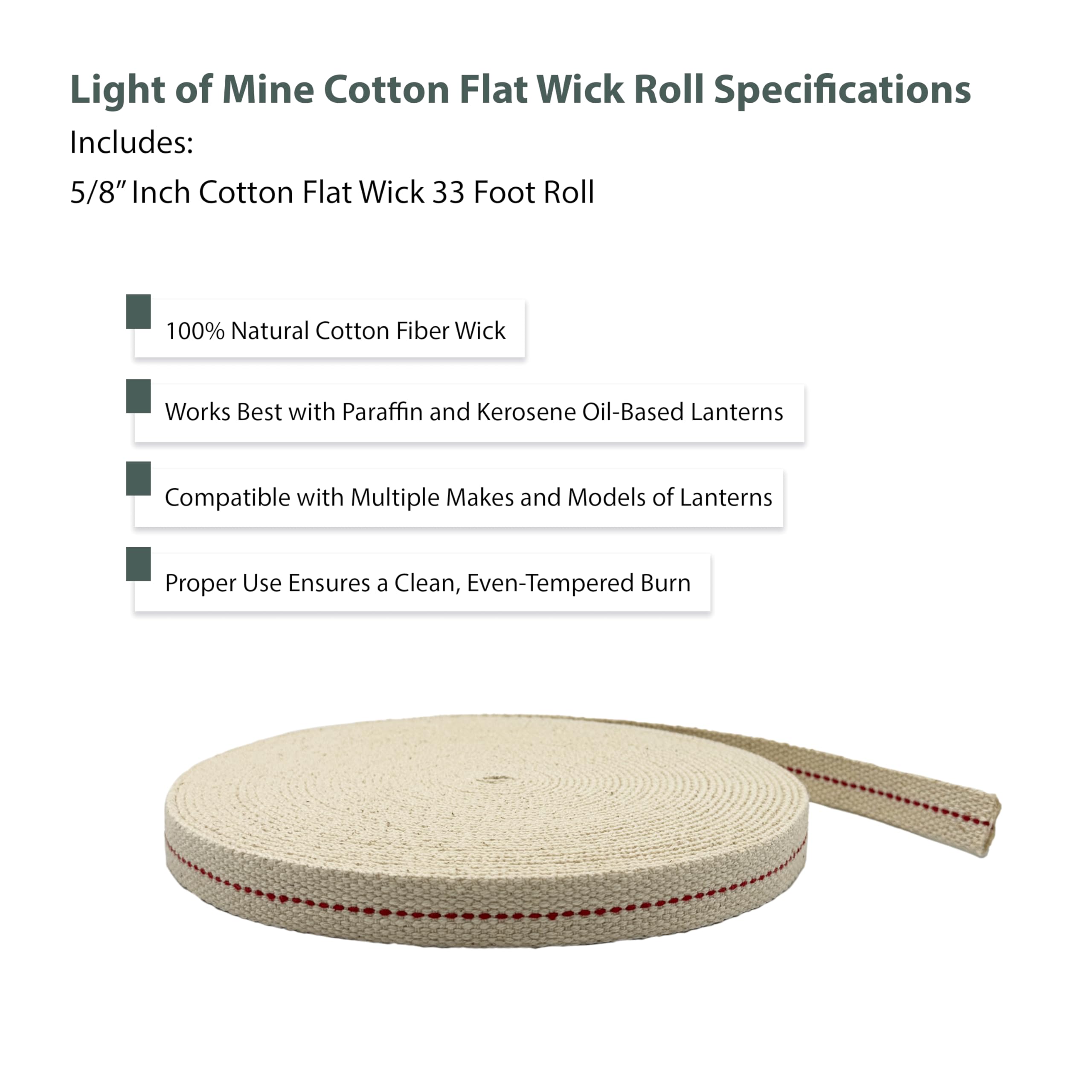 LIGHT OF MINE Cotton Flat Wick for Lanterns, 5/8in x 33 Roll, Kerosene & Oil Lamps, Model AX-AY-ABHI-103265