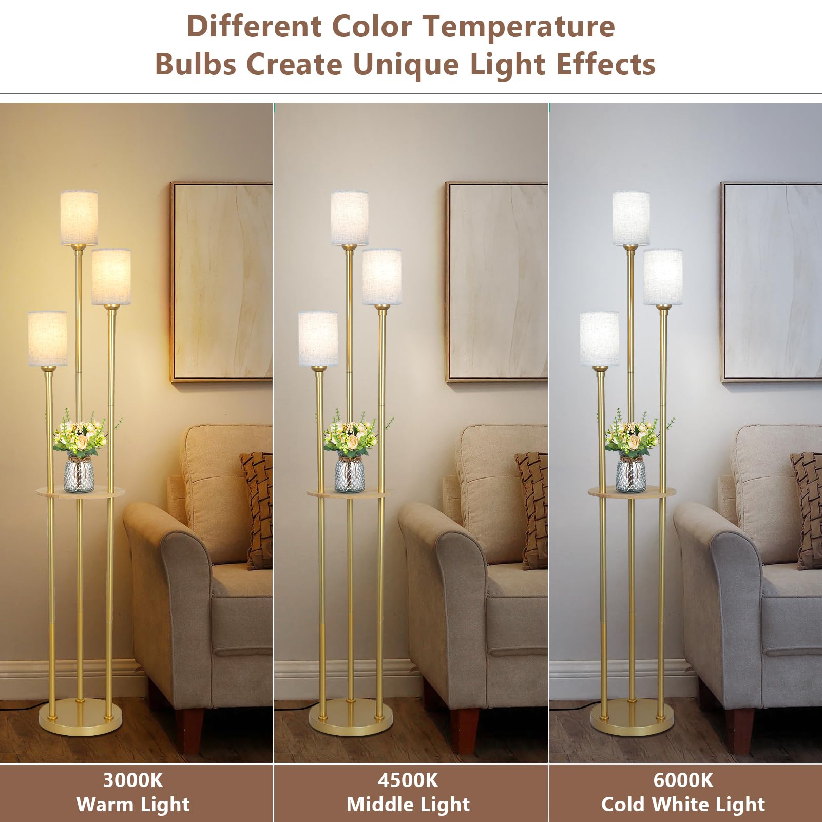 Stepeak Floor Lamps For Living Room, 3-Lights Modern Floor Lamp With Shelves, Gold Standing Lamp With Fabric Shade And Foot Swit