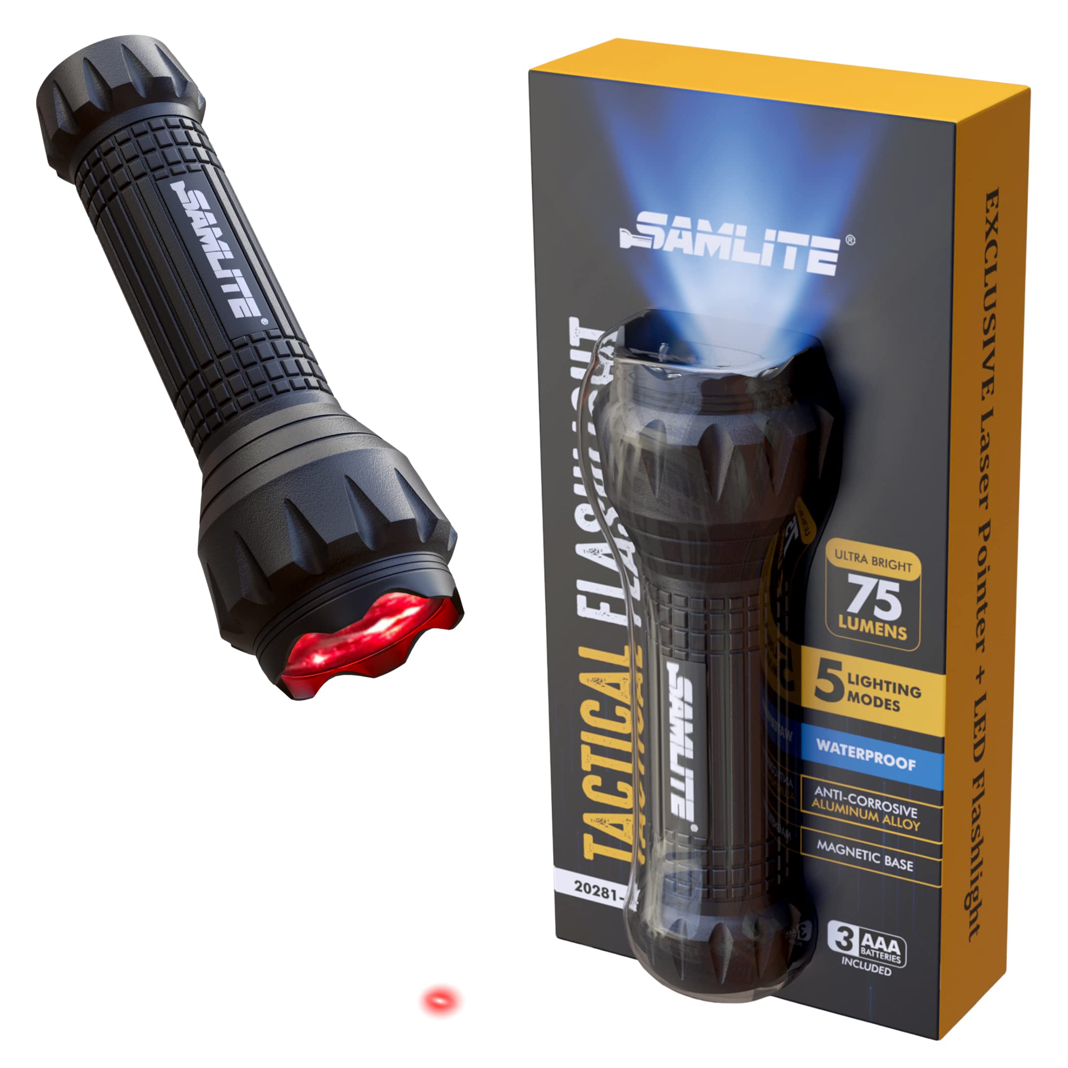 SAMLITE LED Tactical Flashlight - 5 Modes, Water Resistant, Aluminum, Medium Size, Black, Model 20281-SL-FBA, 3 AAA Batteries Included